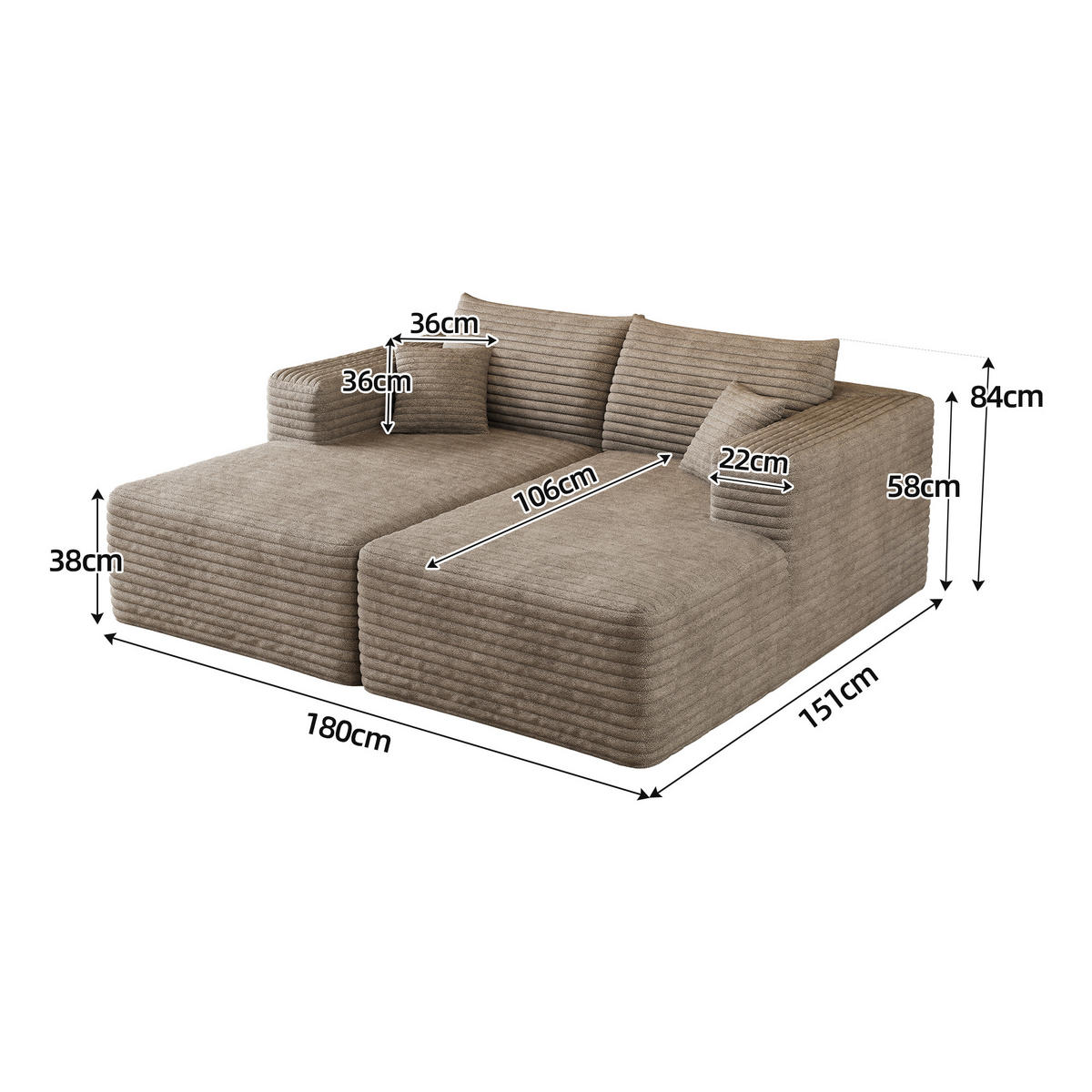 SCHLAFSOFA DE-34891 mit Chaiselongue Camel - Sandfarben, Textil (151/180cm) - ComfortXL
