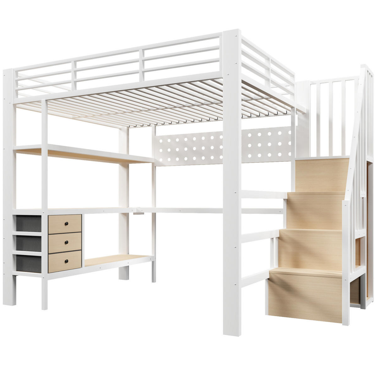 HOCHBETT 140/200 cm mit Schreibtisch, Stauraumtreppe, Lochwand, Steckdose und dimmbarem LED-Licht, Weiß - Weiß, Holzwerkstoff (140/200cm) - Redom