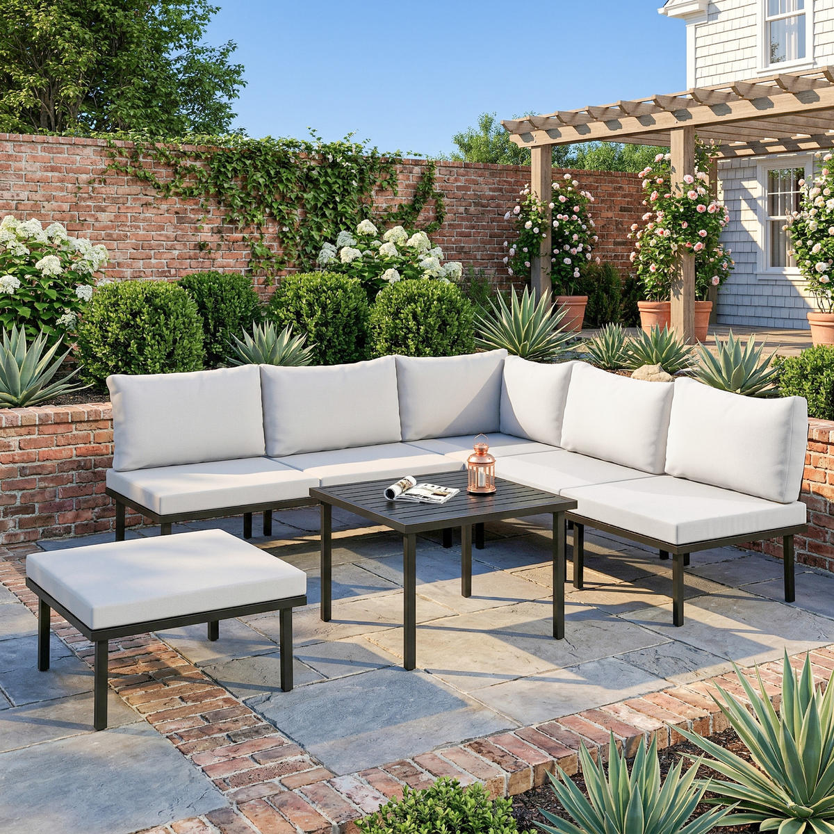 LOUNGE GARTENMÖBEL SET DE-06609, 2 Stühle, Eckstuhl, Lamell-Tisch, Fußhocker - Hellgrau, Textil/Metall - ComfortXL