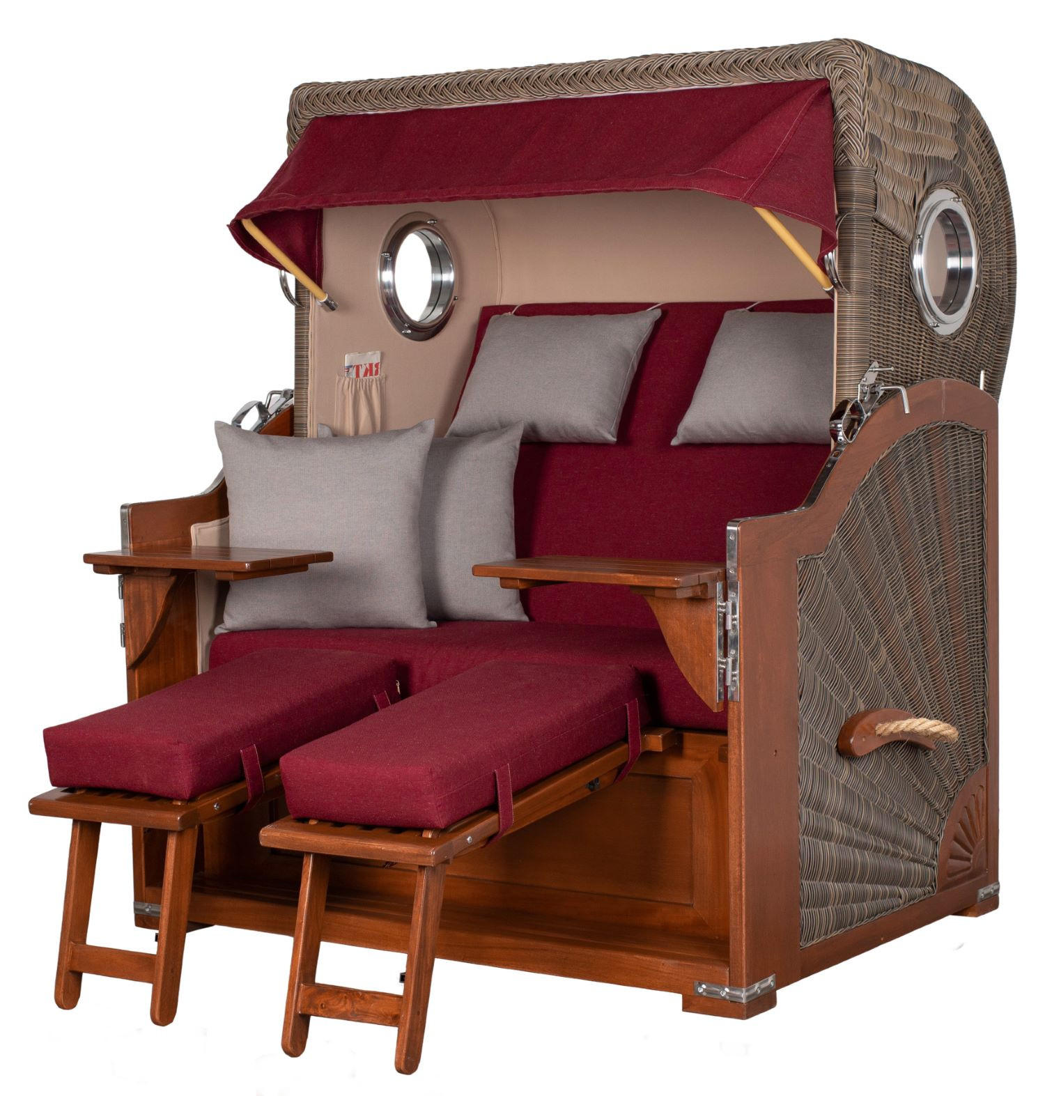 STRANDKORB Komplettset: Königssee Mahagoni Bullauge - PE grau - Modell 594 - Rot/Grau, Holz/Kunststoff (142/170/95cm) - bene living