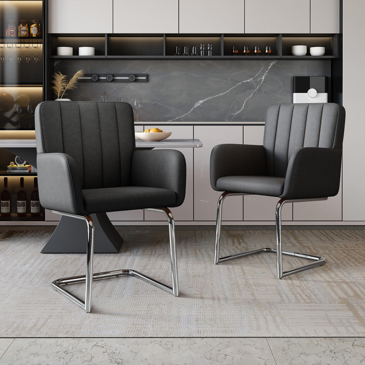 ESSZIMMERSTÜHLE 2er Schwarz Kunstleder Metallbeine modern - Schwarz, Leder (57/86/56cm) - FLIEKS