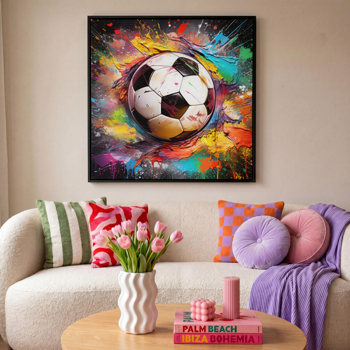 LEINWAND Bilder mit Rahmen - Fußball - Farbe - Farben - Schwarz - Weiß - 90x90 - Weiß, Textil (90/90cm) - MuchoWow