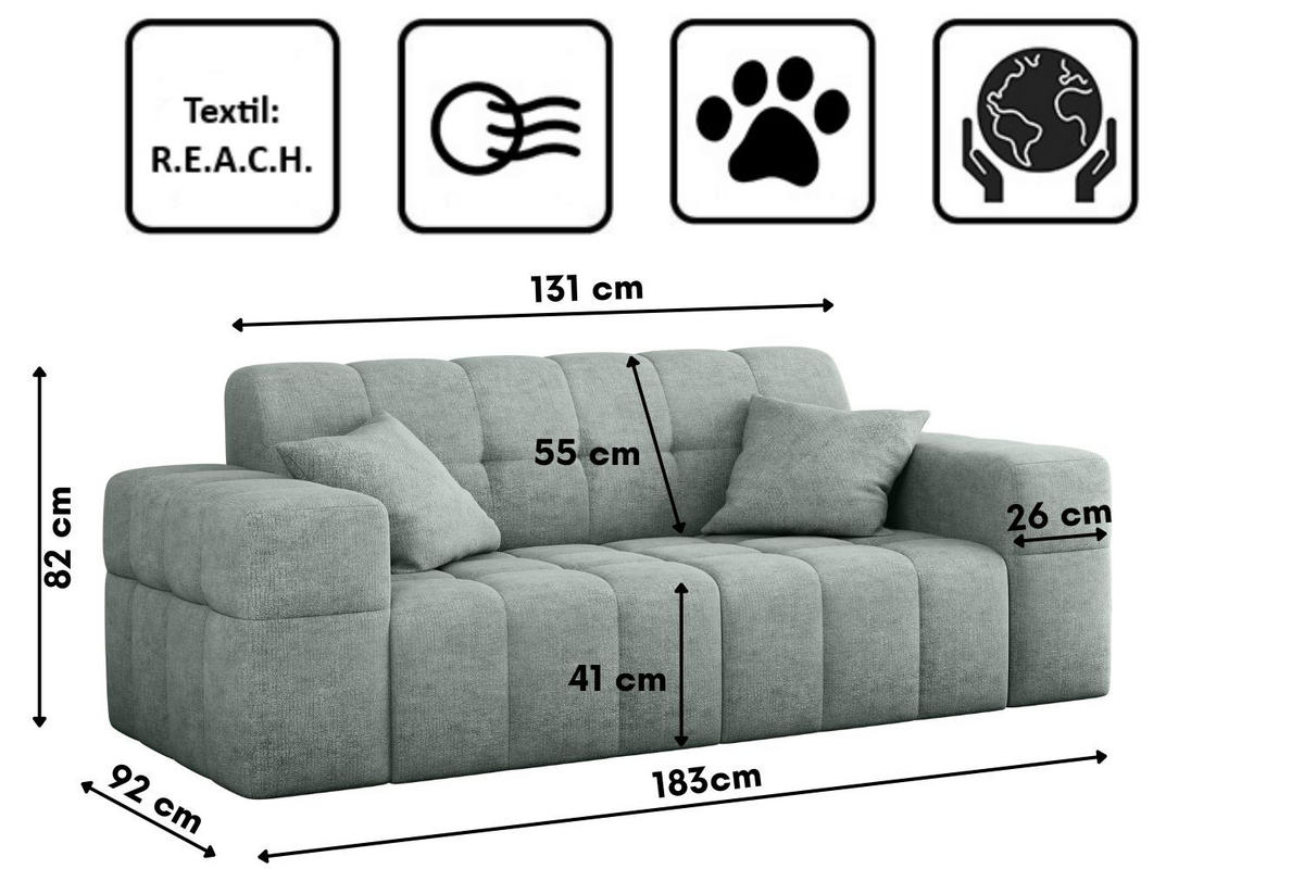 SOFA 2 Sitzer NIMES Stoff Perfect Harmony Mintz - Mintgrün, Holz/Kunststoff (183/82/92cm) - Kaiser Möbel