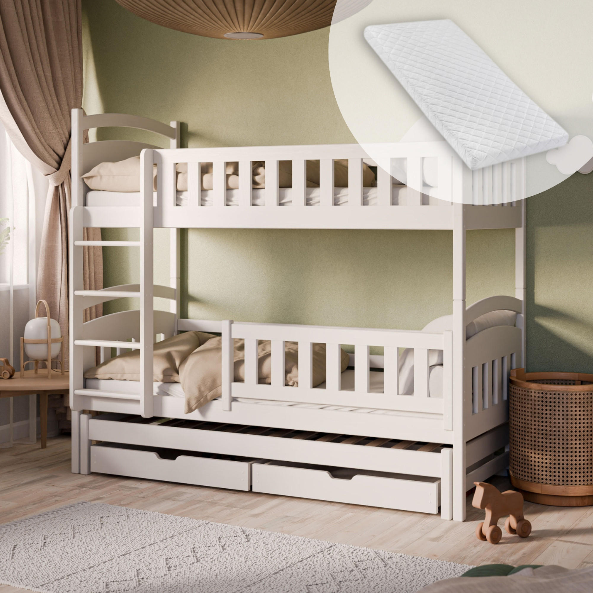 ETAGENBETT 90x200 cm mit Ausziehbett, zwei Schubladen & drei Matratzen in Weiß - Weiß, Holz (90/200cm) - Kids Collective
