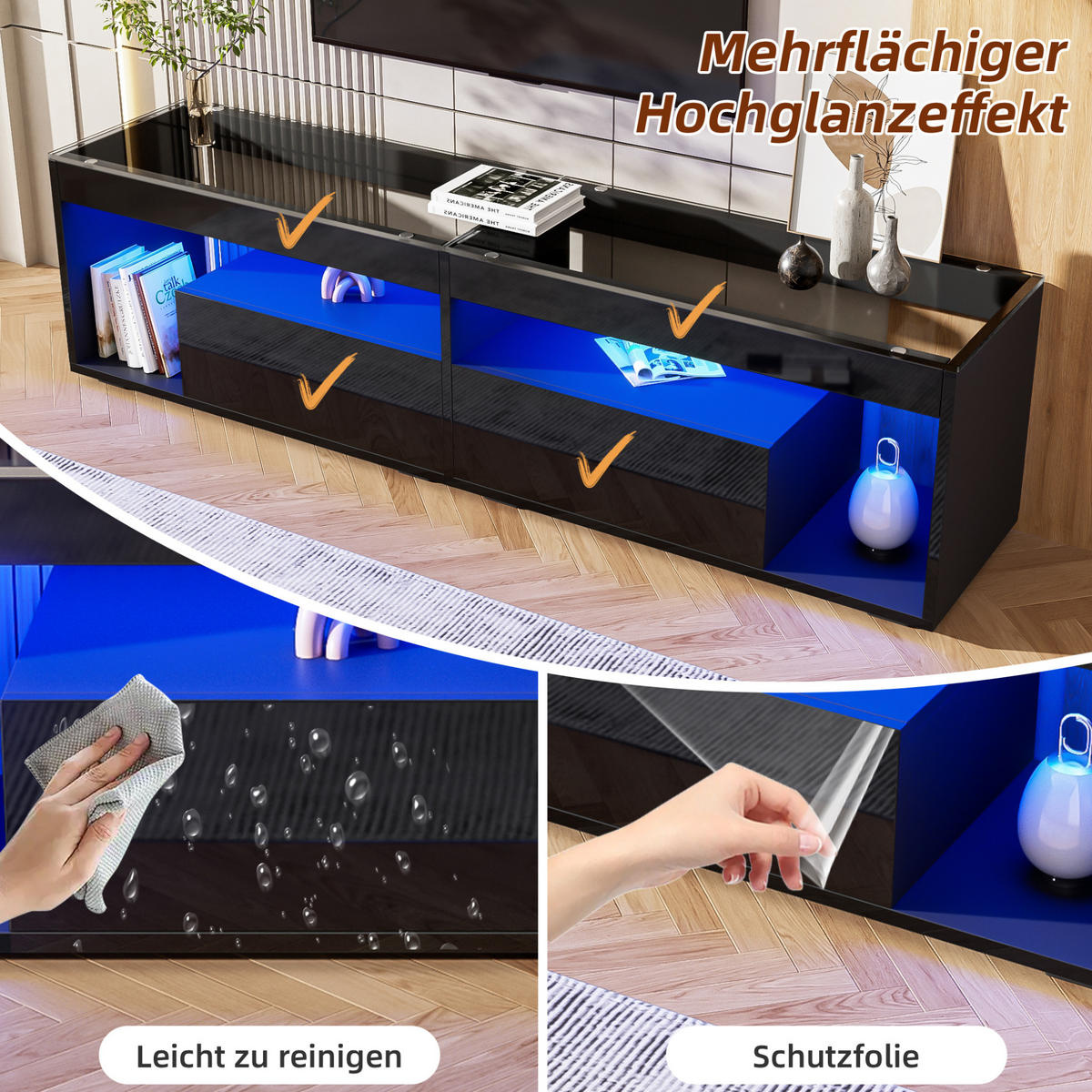 LOWBOARD 180/40/46 cm aus Spanplatte mit LED-Beleuchtung und 2 Schubladen Schwarz - Schwarz, Holzwerkstoff (180/46/40cm) - Modenvie