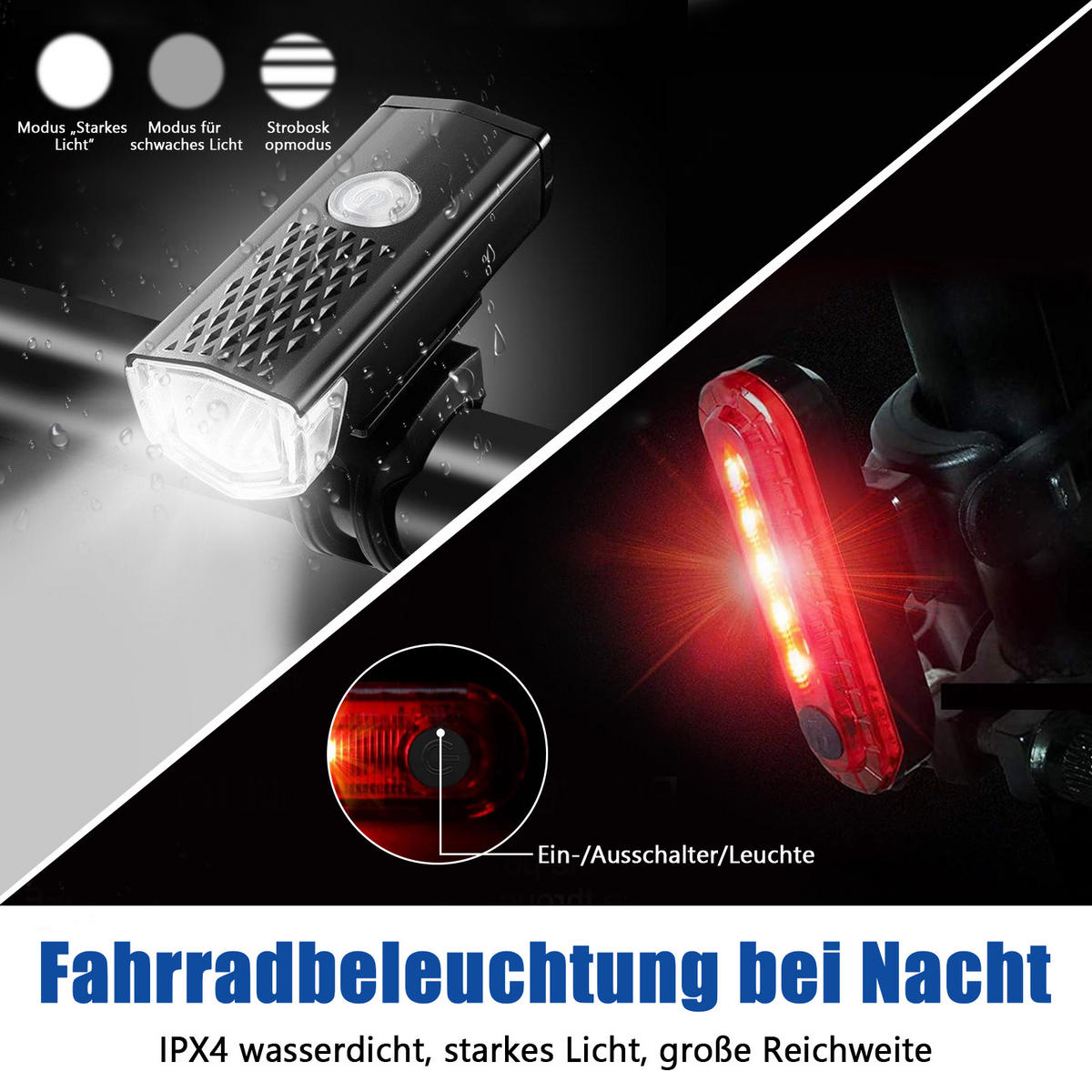 FAHRRADZUBEHÖR Set 8in1, LED-Licht, Satteltasche, Trinkflasche & Schloss - Schwarz, Textil (17/39/35cm)