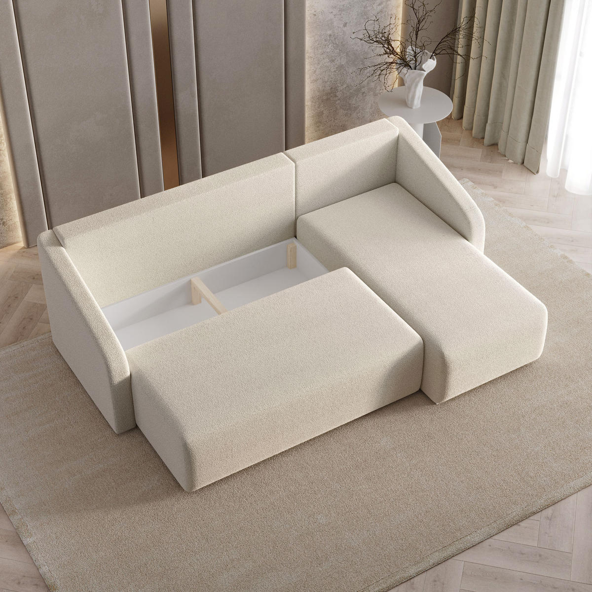 ECKSOFA MARELLO Creme Boucle-Stoff mit Schlaffunktion - Creme, Holz (220/143cm) - MASSENO