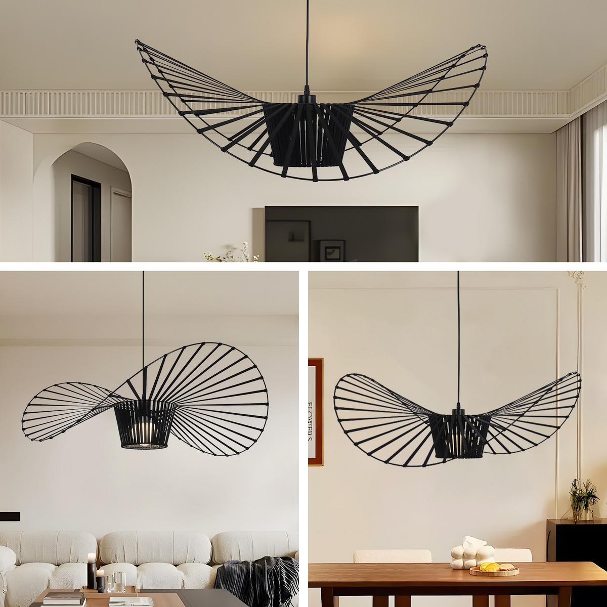HÄNGELEUCHTE Strohhut 140/140/150 cm - Schwarz, Metall (140/140/150cm) - Nettlife