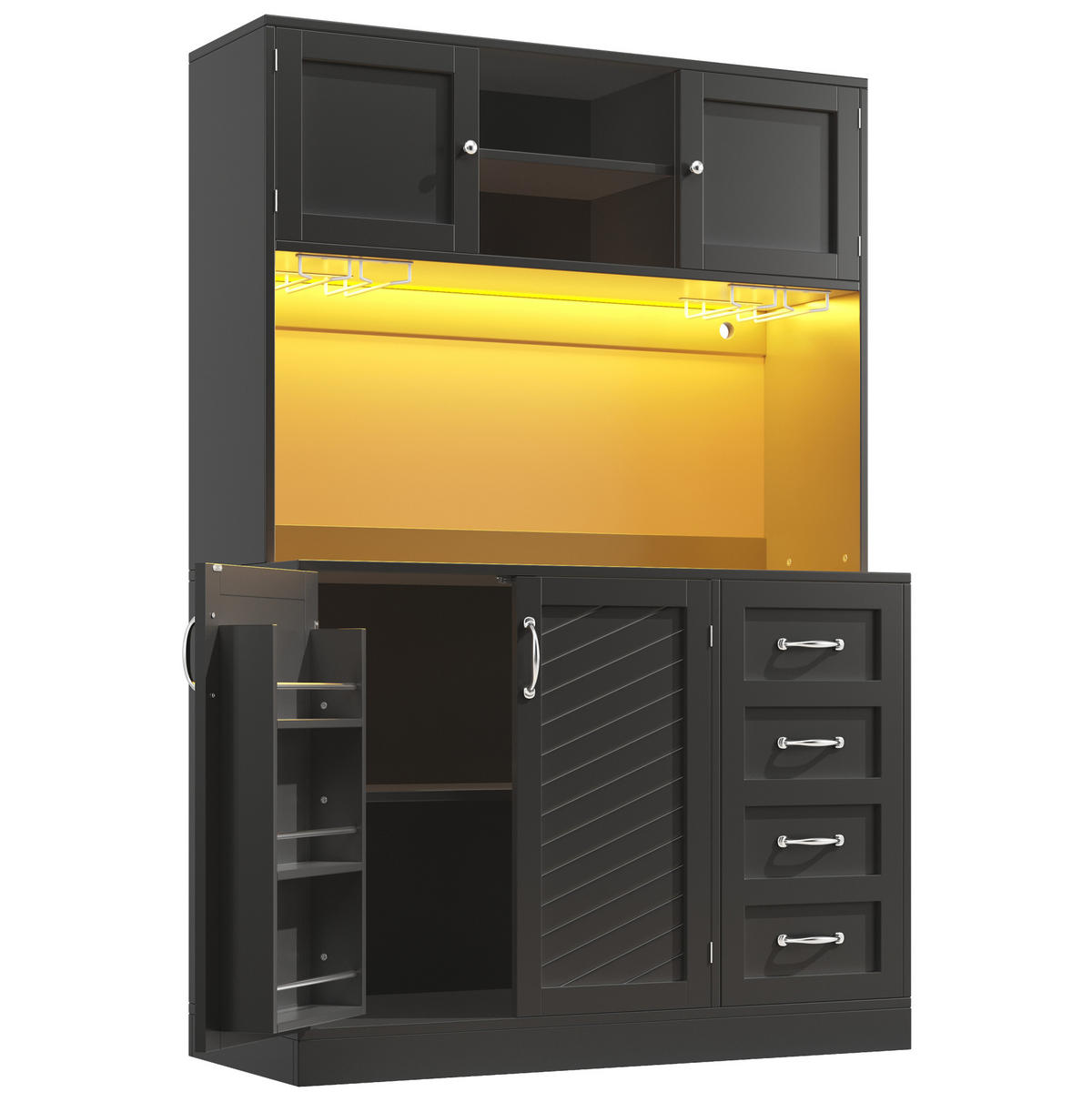 BUFFETSCHRANK 120/40/188 cm mit LED-Beleuchtung, Getränkhaltern, 4 Türen und 2 Schubladen, MDF, Schwarz - Schwarz, Holzwerkstoff (120/188/40cm) - Redom