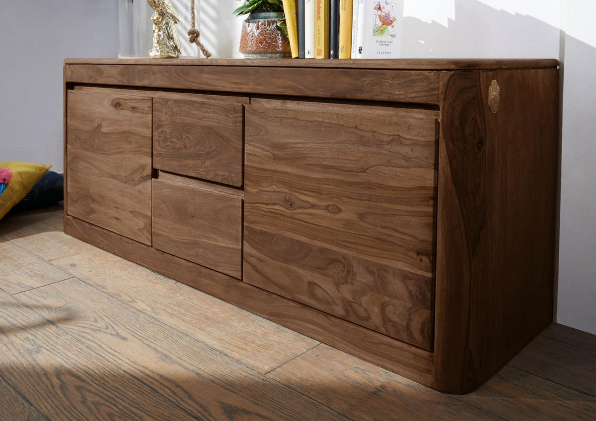 TV-BOARD Sheesham 147x40x58 rot-braun gebeizt TORONTO #100 - Dunkelbraun, Holz (147/58/40cm) - Massivmoebel24