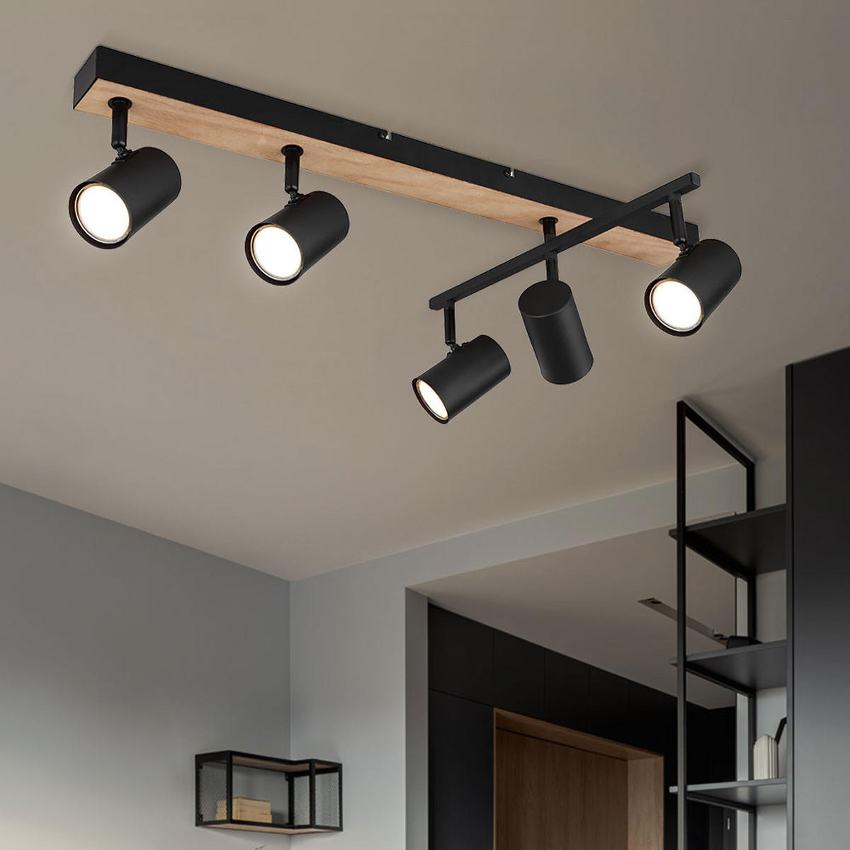 LED DECKENLEUCHTE Metall Schwarz Holzoptik 5-flammig - Schwarz, Metall (70/35/18cm) - Globo Lighting