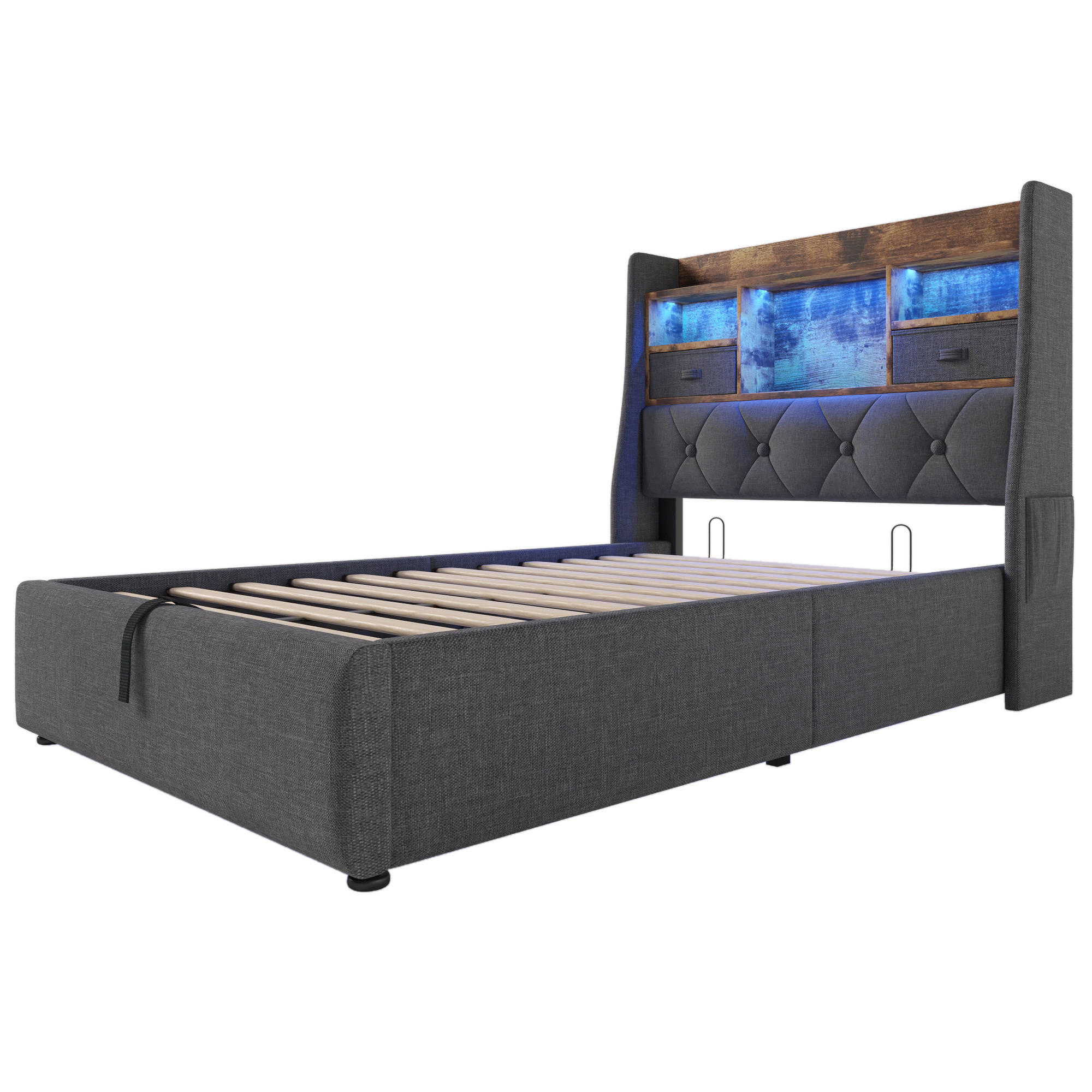 POLSTERBETT aus Leinen 90x200 cm in Grau mit LED, Ladestation & Matratze - Grau, Textil (90/200cm) - Modfu