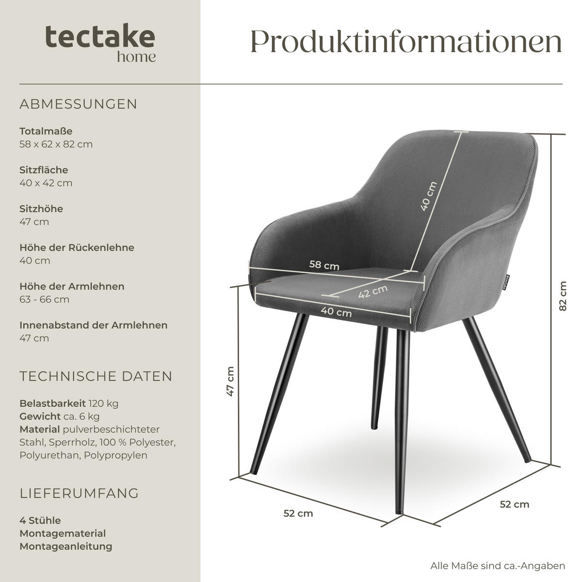 ESSZIMMERSTUHL 4er Set Marilyn 58 x 62 x 82 cm grau/schwarz - Schwarz/Grau, Kunststoff (62/82/58cm) - tectake