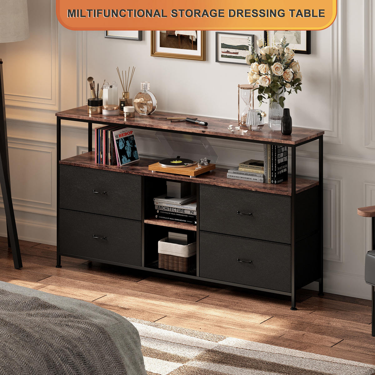 TV LOWBOARD 137x30x77 cm LED Metall Holz schwarz - Schwarz, Holz (137/78/29.8cm) - LEBENLANG