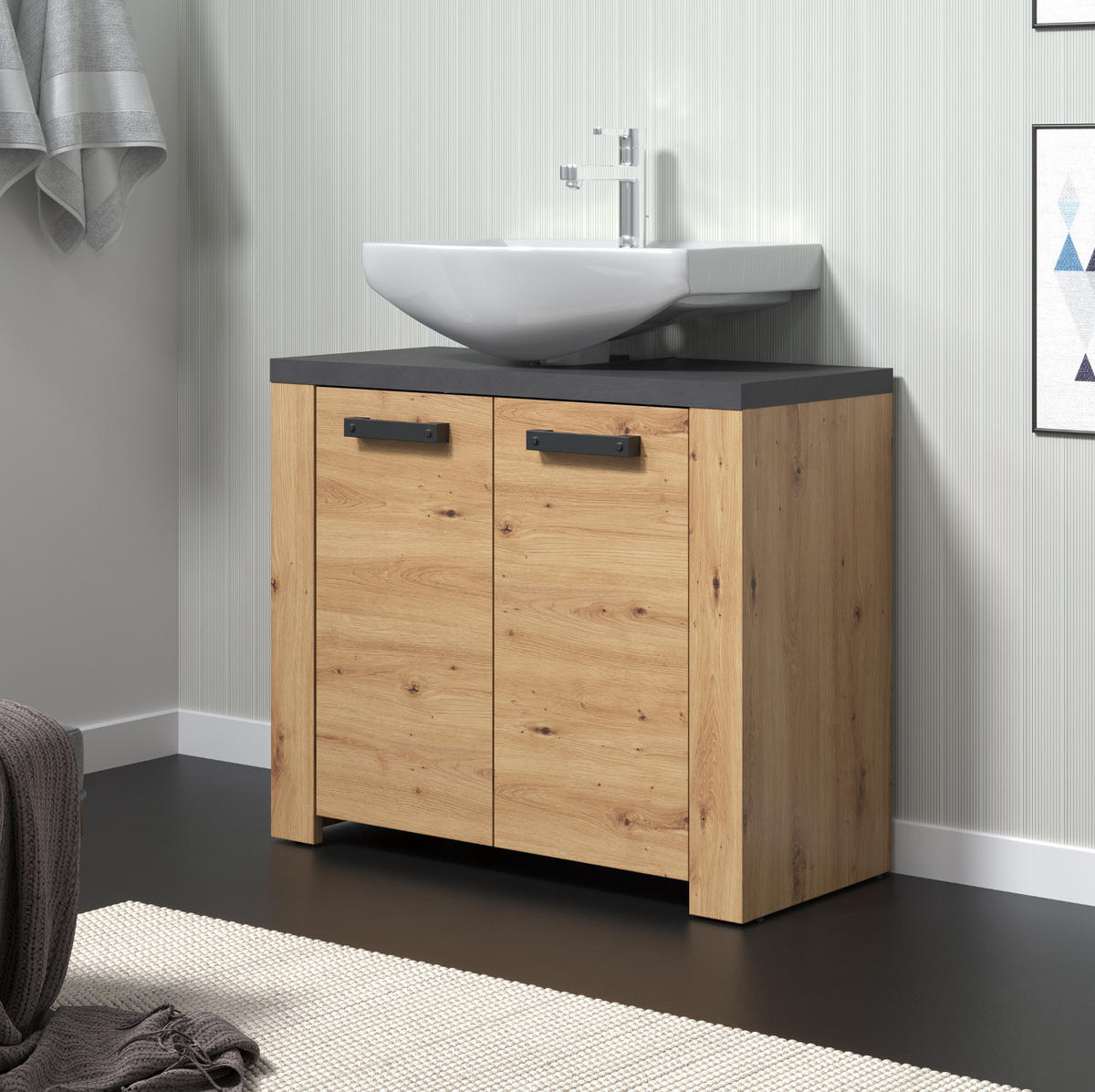 WASCHBECKENUNTERSCHRANK Eiche Artisan, grau 79 x 67 cm, Badezimmer Unterschrank 2-türig - Eichefarben/Schwarz, Holzwerkstoff/Kunststoff (35/67/79cm) - Top.Furn