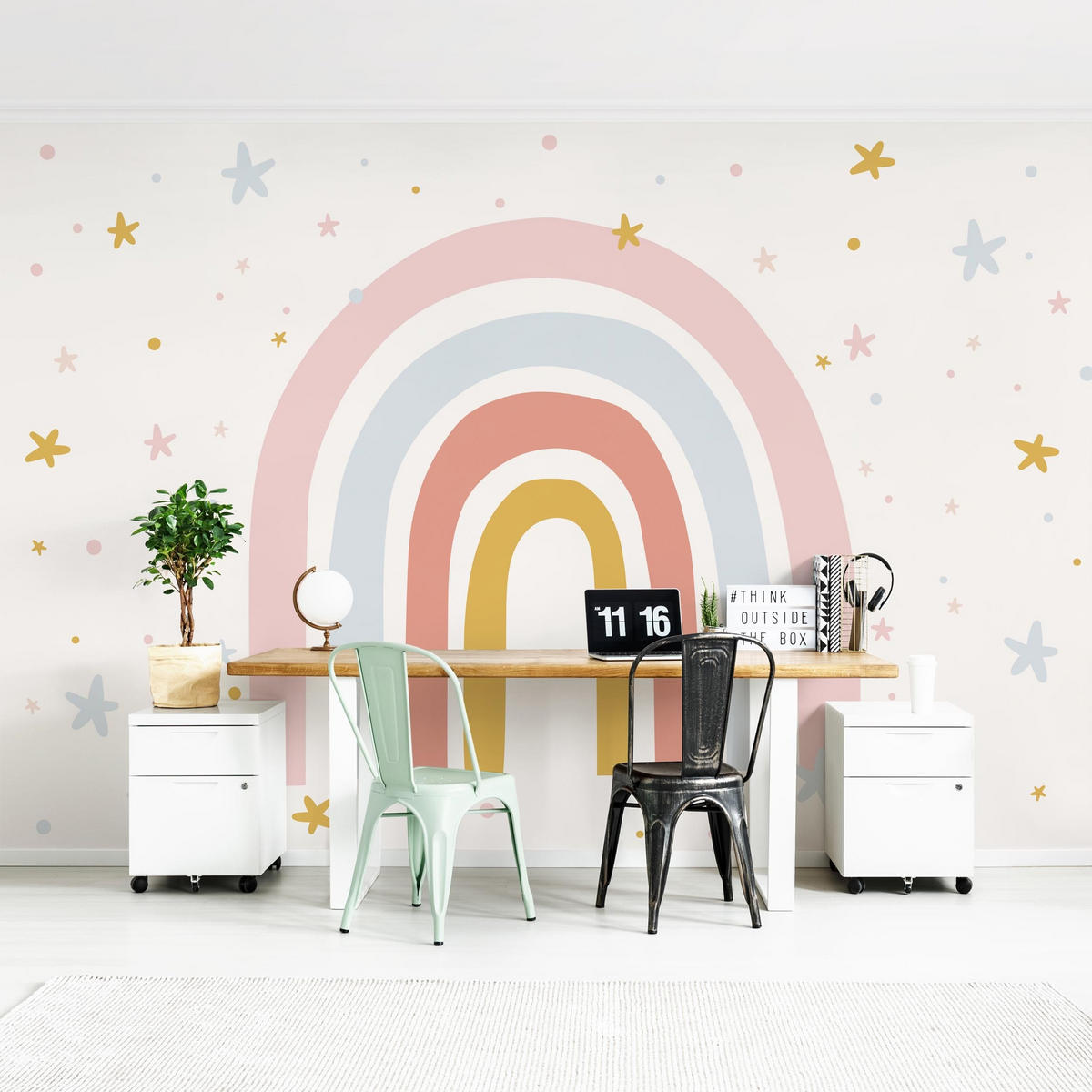 FOTOTAPETE Großer Regenbogen mit Sternen und Pünktchen 432/290 cm - Pastellblau, Papier (432/290cm) - Bilderwelten