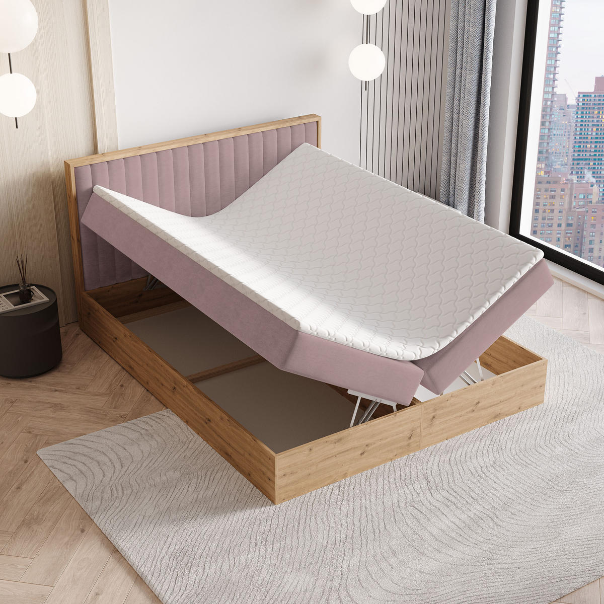 BOXBETT VARELI 160x200 cm mit Matratze und Topper - Rosa - Rosa, Holz (160/200cm) - MASSENO