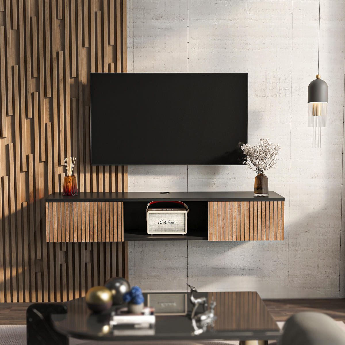 TV Unit Elia Schwarz Ohne Regal - Schwarz, Holzwerkstoff (32/25.6/140cm) - Decorotika