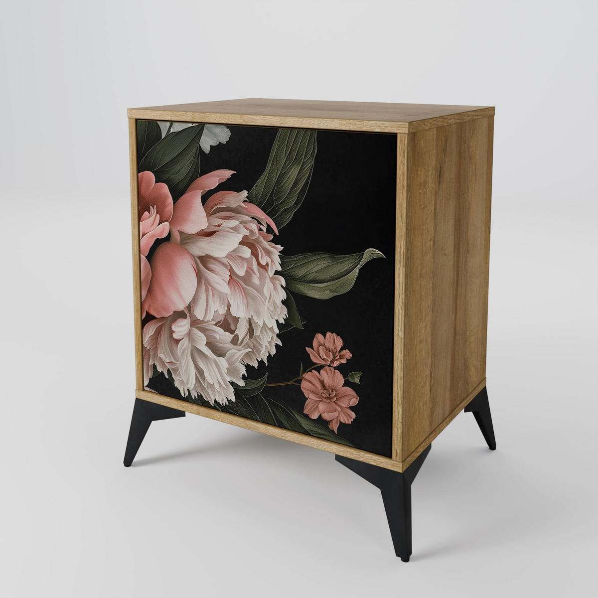 SIDEBOARD LUSH ELEGANCE, Eichefarben, 57,5x42x67,5 cm, Schwarze Metall-Rahmenfüße - Eichefarben/Multicolor, Holzwerkstoff/Metall (57.5/67.5/42cm) - SpaceRebels