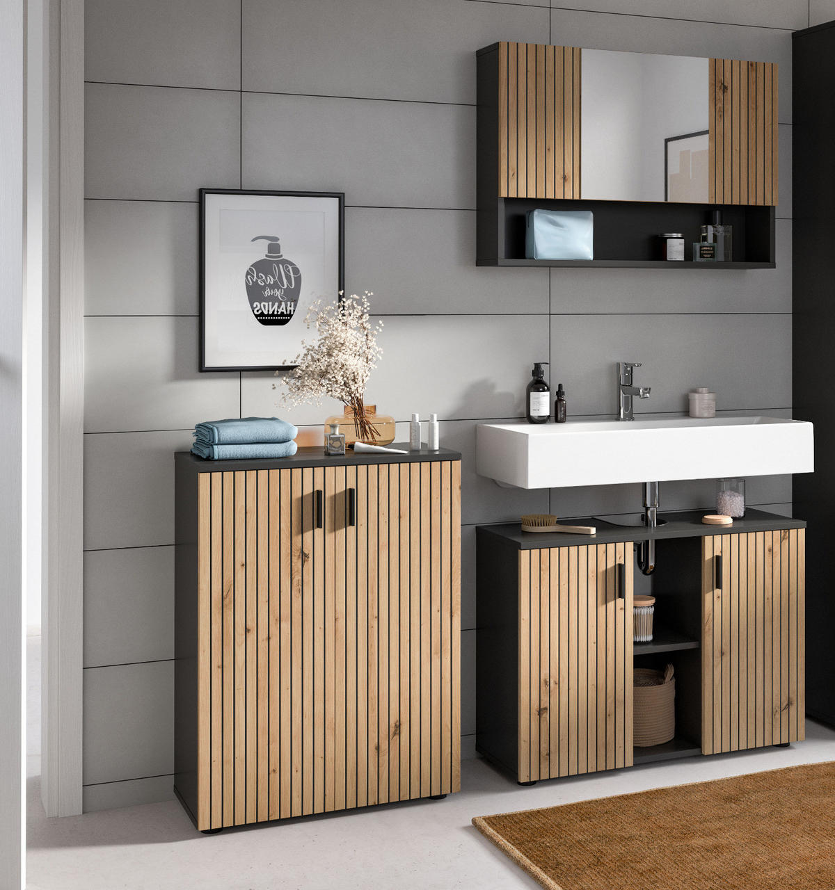 BADMÖBEL-SET Eiche, grau 3-teilig 155 cm, Badmöbel mit Rillen, Livia - Schwarz/Eiche Artisan, Glas/Holzwerkstoff (155/180/30cm) - Inn.Furn
