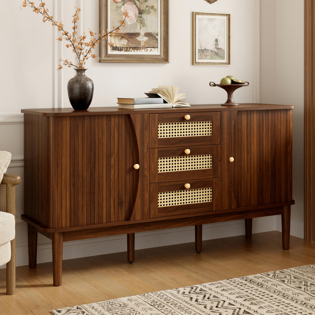SIDEBOARD Rattan Schiebetüren verstellbare Böden modern - Walnussfarben, Holzwerkstoff (40/73/140.5cm) - FLIEKS