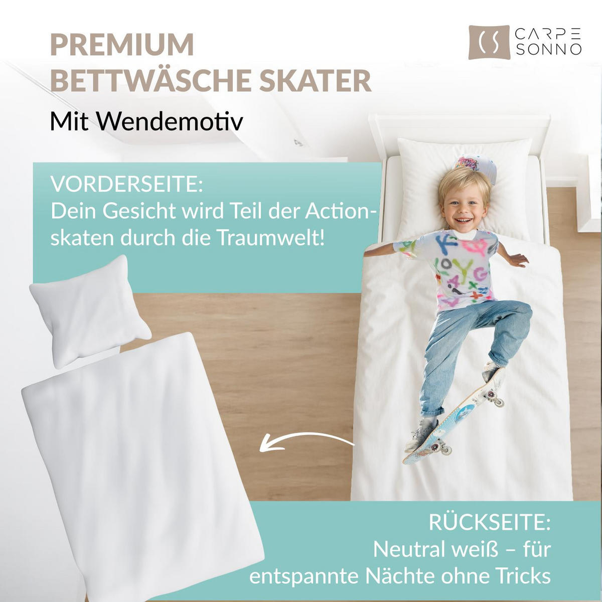 KINDERBETTWÄSCHE 135x200 Skater aus 100% Baumwolle - Dein Gesicht vervollständigt das Design der Kinder Bettwäsche - Weiß, Textil (135/200cm) - Carpe Sonno