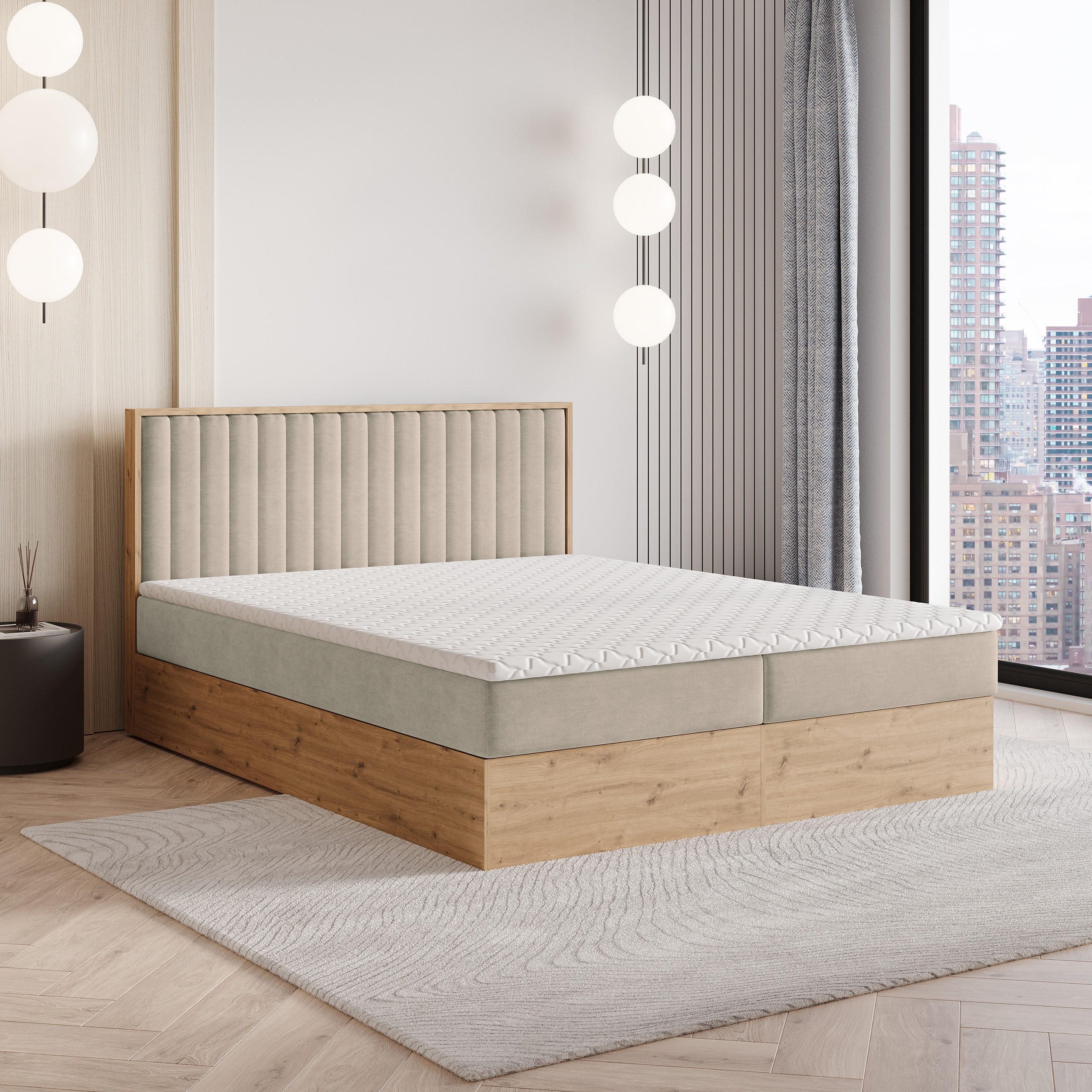BOXBETT VARELI 140x200 cm mit Matratze und Topper - Beige - Beige, Holz (140/200cm) - MASSENO