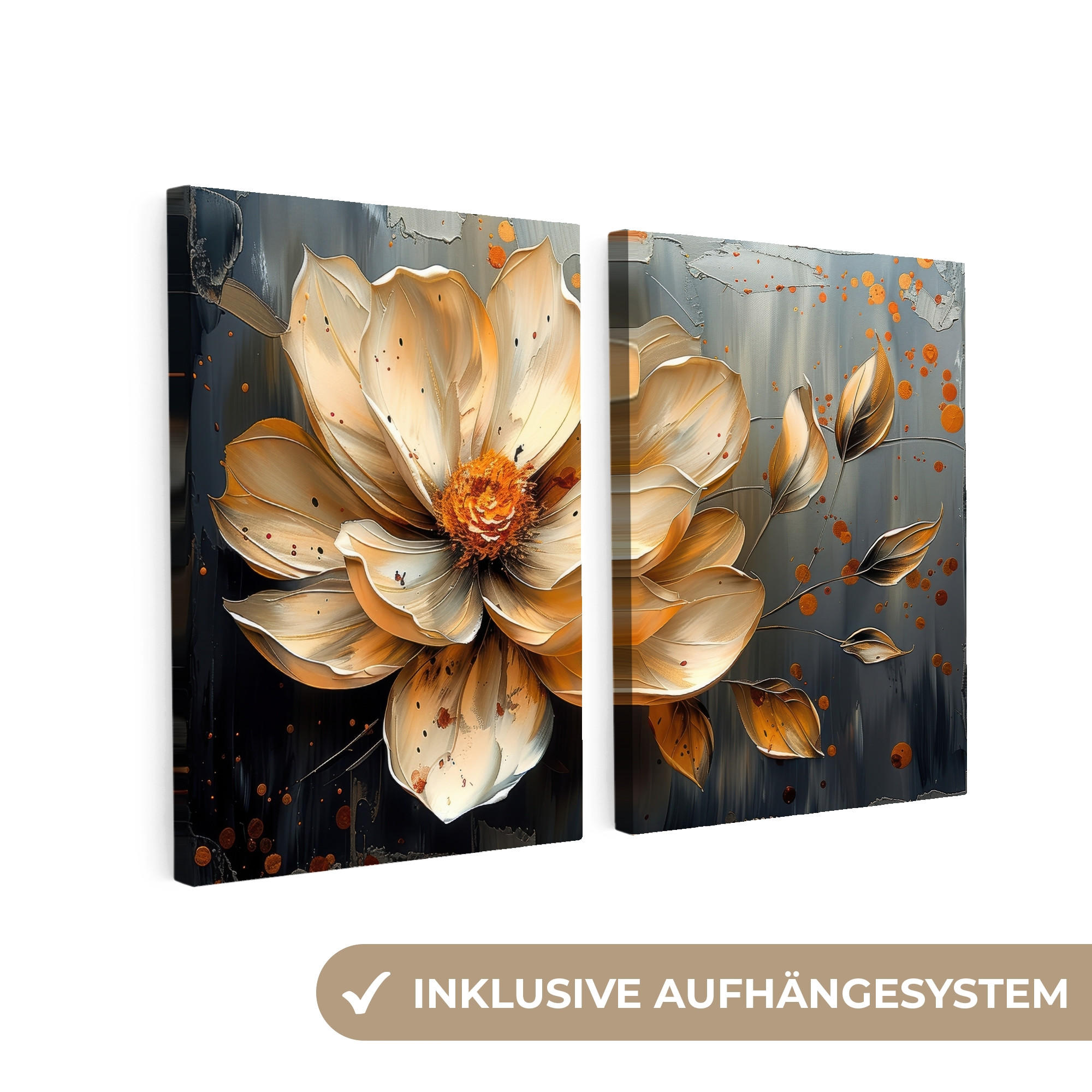 OBRAZ NA PLÁTNĚ 2dílná sada Květina - Zlato - Abstraktní - Malba 100x70 cm - krémová, textil (100/70cm) - MuchoWow