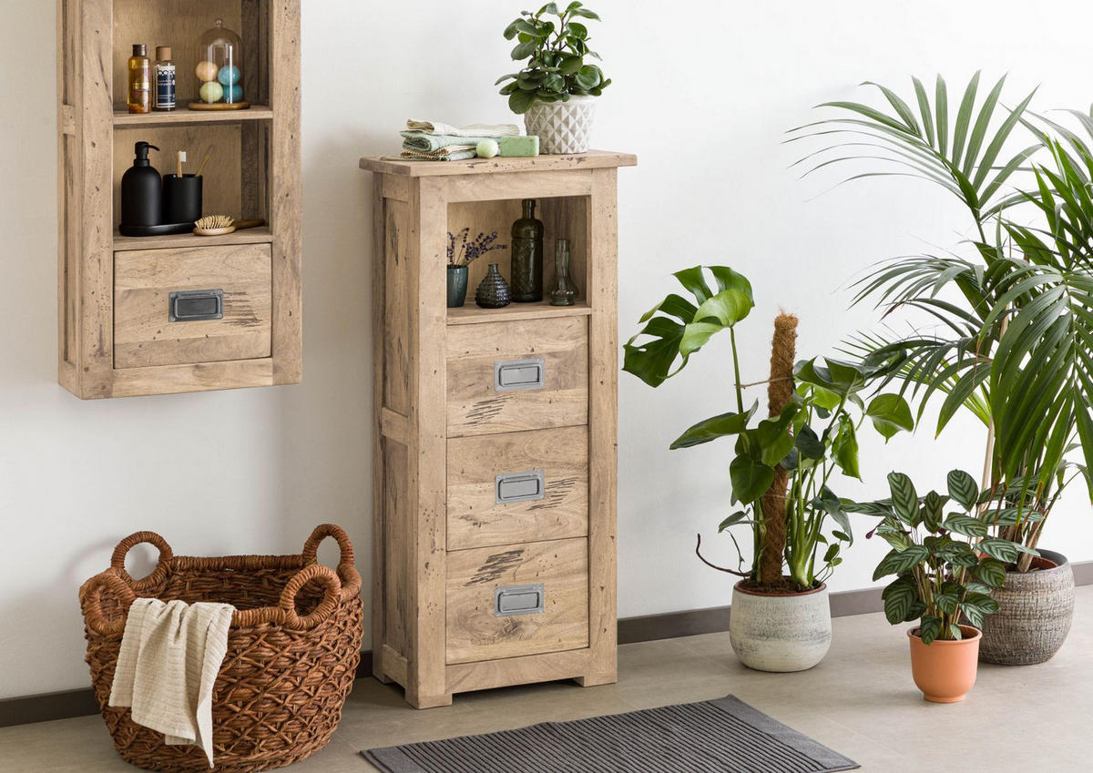 KOMMODE Mango 50x30x120 whitewash lackiert RAILWAY #381 - Beige, Holz (50/120/30cm) - Massivmoebel24
