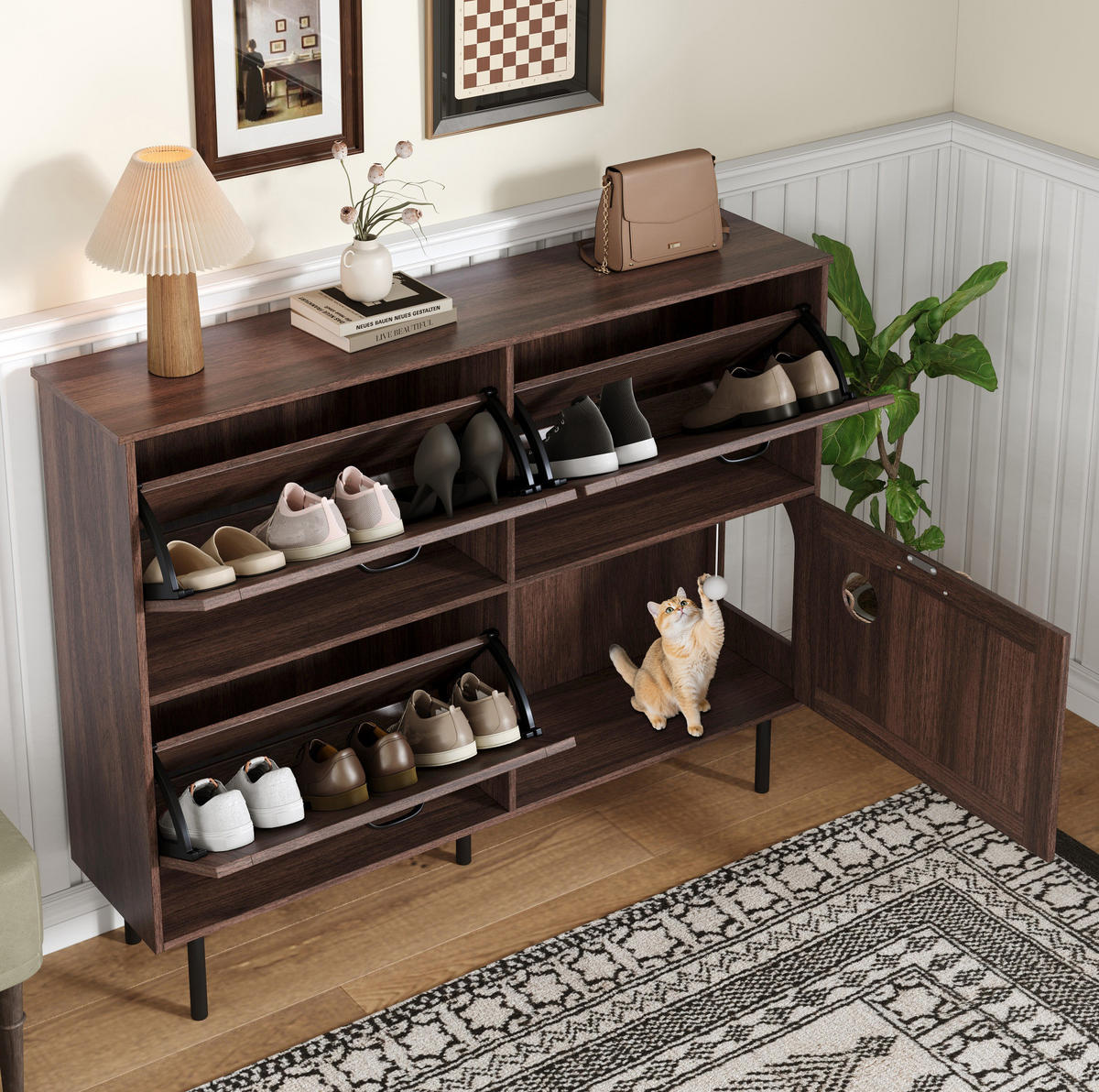 SCHUHSCHRANK 120/28/92 cm Walnussfarben aus Spanplatte mit 4 Türen - Naturfarben, Holzwerkstoff (120/92/28cm) - OKWISH