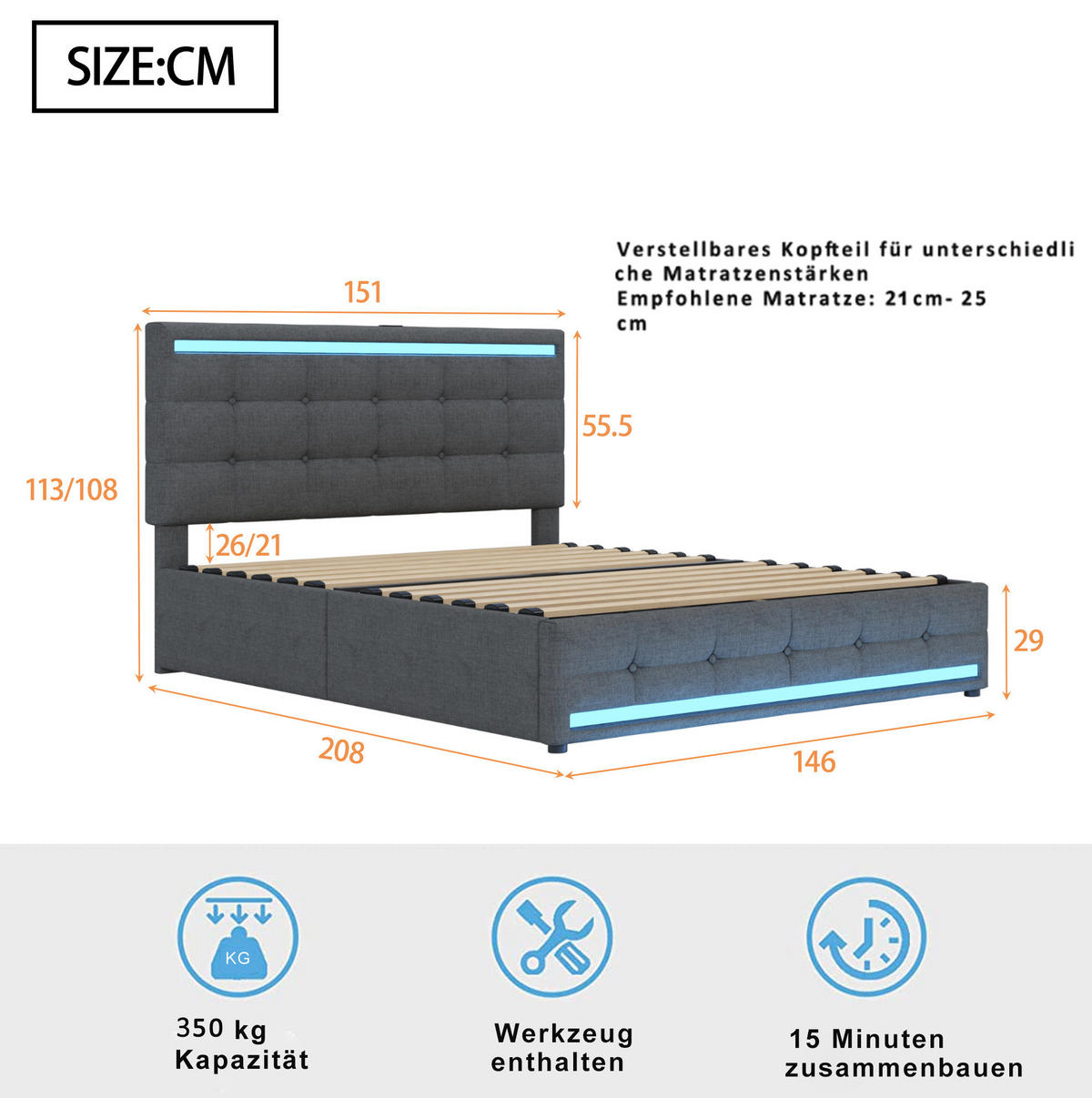 POLSTERBETT aus gepolstertem Stoff 140x200 cm Grau mit LED-Beleuchtung, 2 USB-Anschlüssen und 4 Schubladen - Grau, Textil (140/200cm) - Modfu
