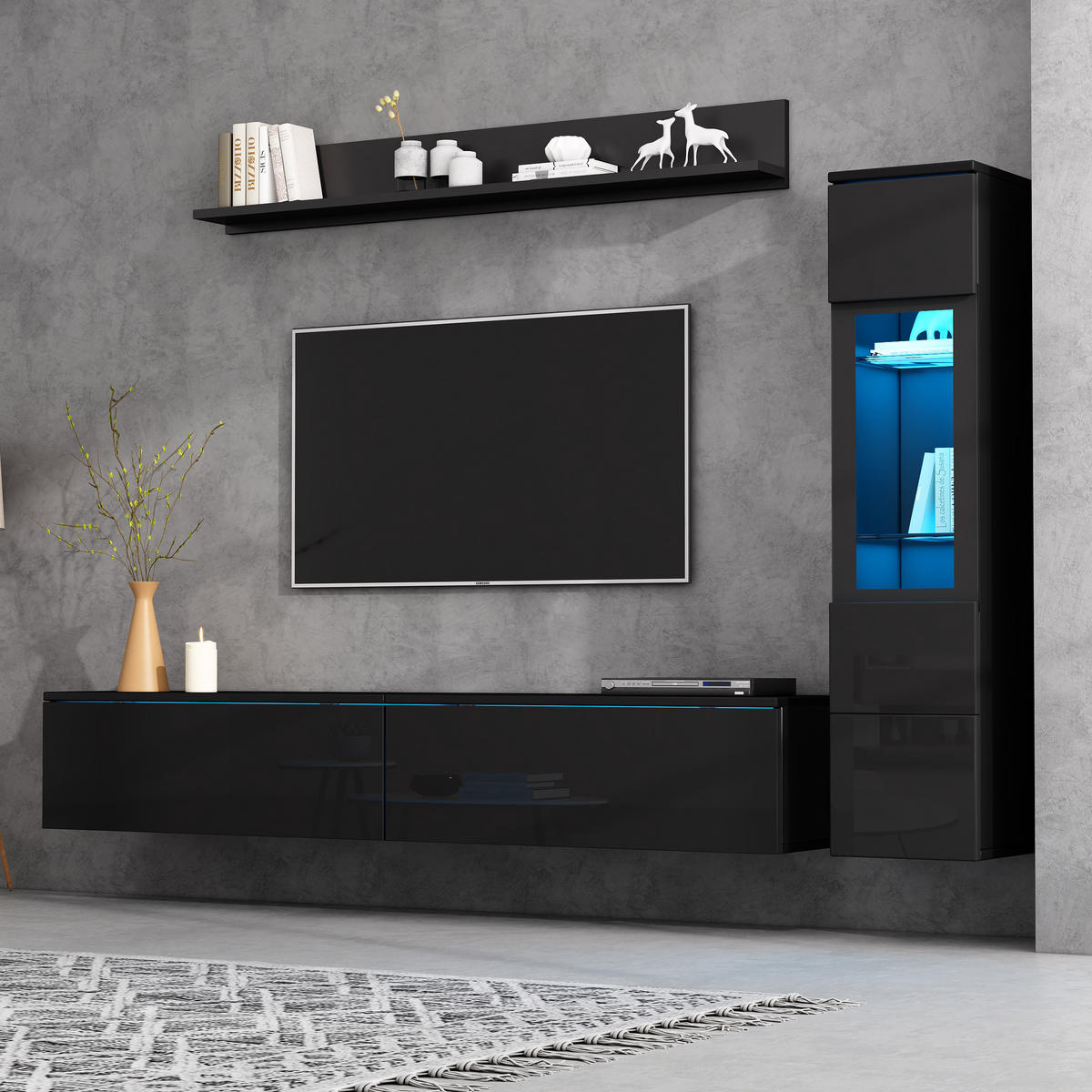 TV-WANDMÖBELSET 3-teiliges schwarz aus Spanplatte mit Hochglanzfronten und App-gesteuerter RGB-LED - Schwarz, Holzwerkstoff (180/130/30cm) - Luhomfu