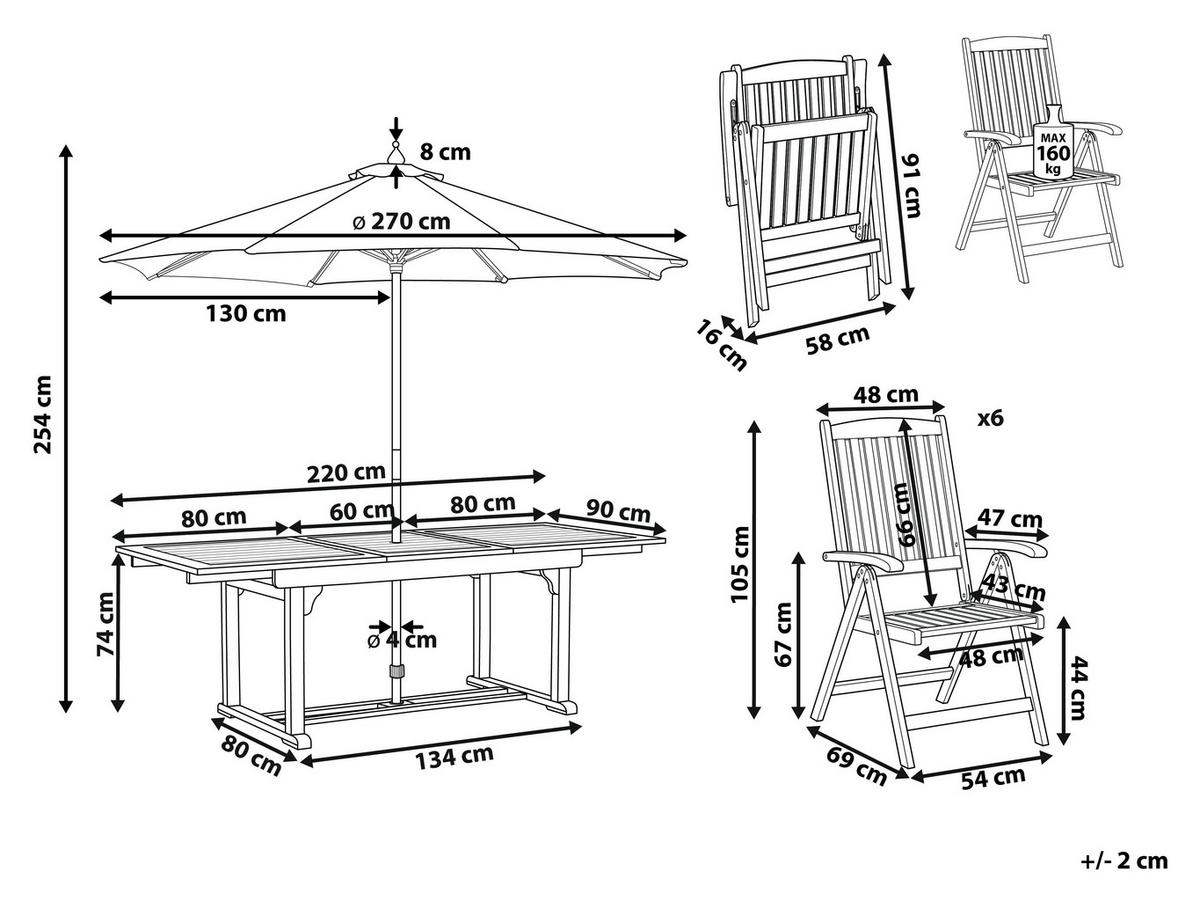 GARTENMÖBEL SET 6-Sitzer mit Sonnenschirm grün Akazienholz dunkelbraun Amantea - Dunkelbraun/Grün, Holz - Beliani