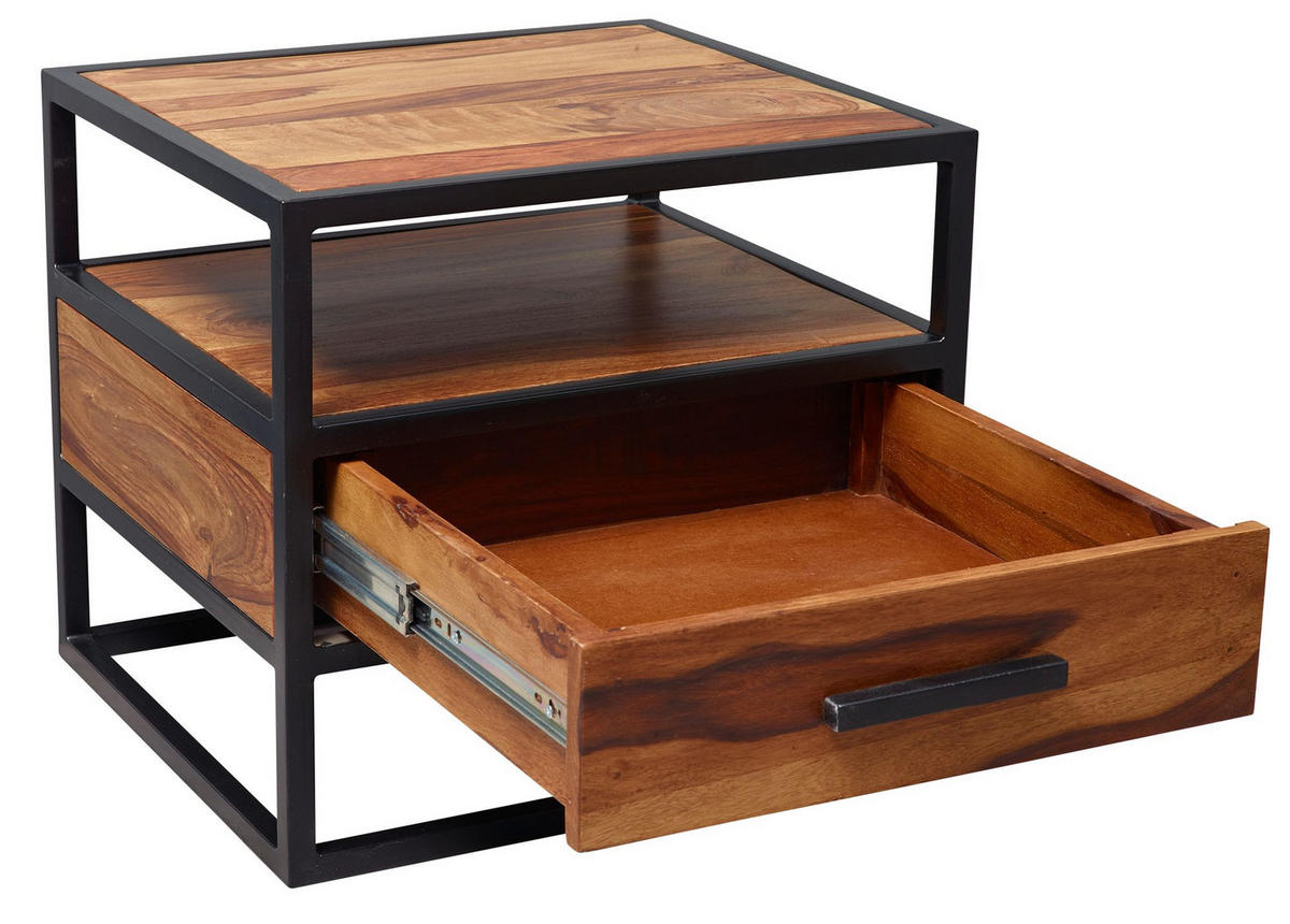 NACHTTISCH – Massivholz/Stahl, mit Stauraum, Industrial-Stil - Schwarz/Braun, Holz/Metall (50/45/45cm) - KADIMA DESIGN