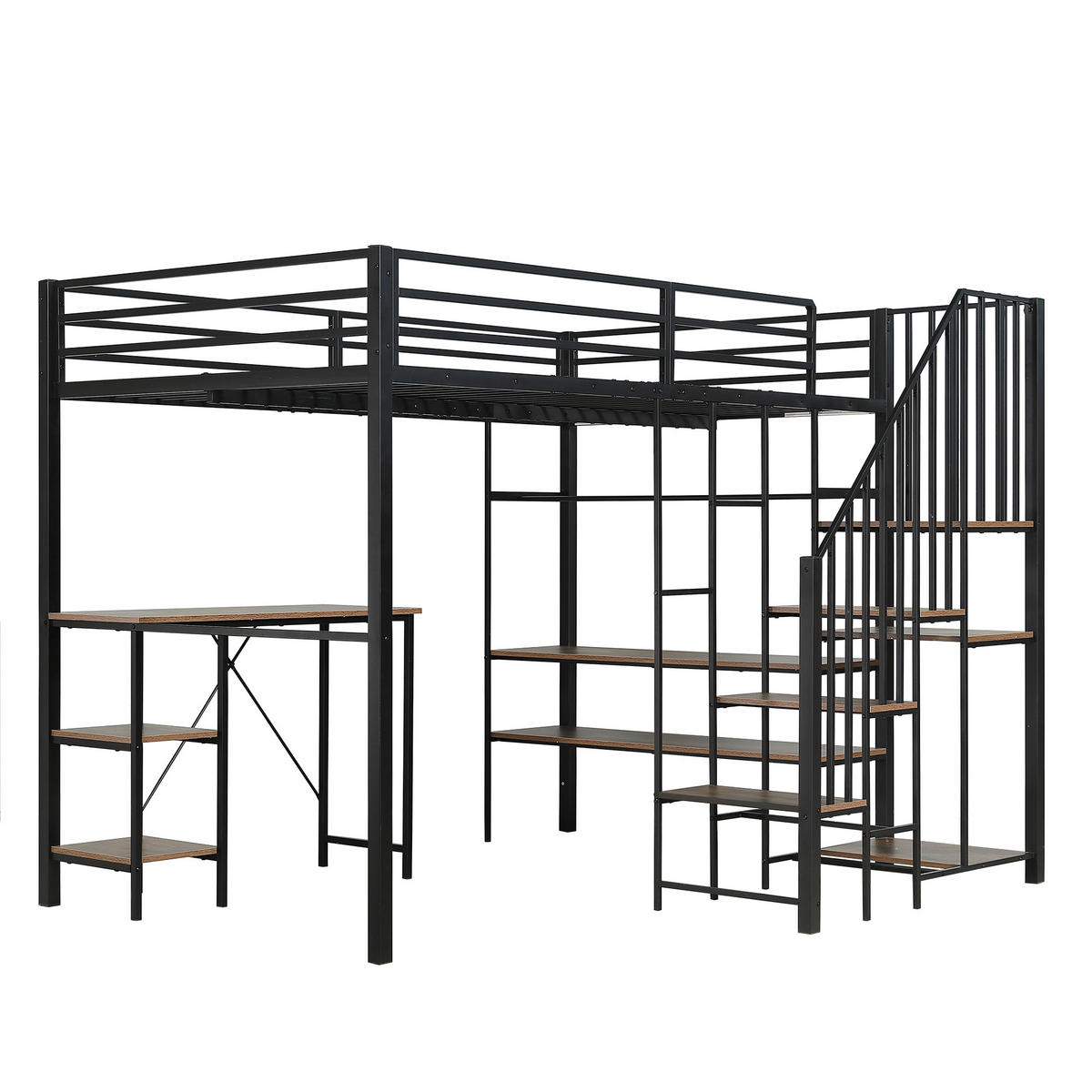 ETAGENBETT 120/200 cm mit Schreibtisch, Regal, offenem Kleiderschrank und Eckleiter, Schwarz - Schwarz, Holzwerkstoff (120/200cm) - Redom