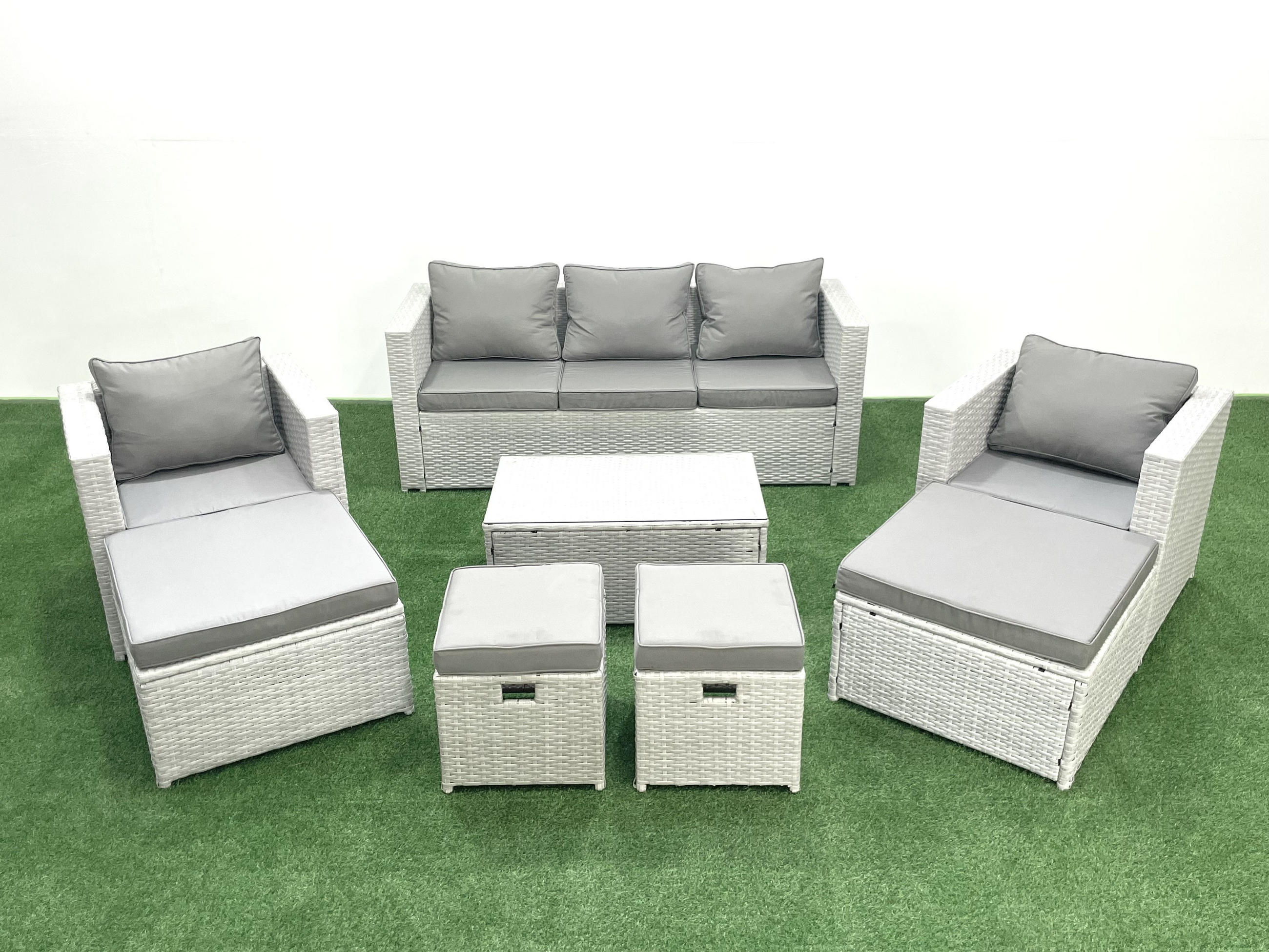 GARTENSET mit 3-SITZER SOFA,COUCHTISCH Polyrattan Hellgrau-Mix 9-Sitzer - Hellgrau/Grau, Glas/Kunststoff - Fimous