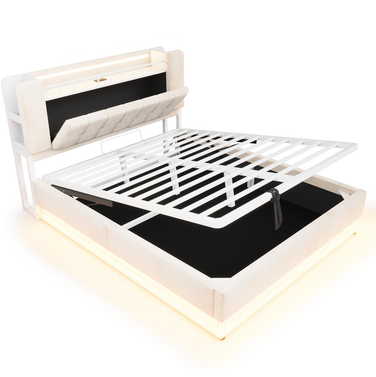 POLSTERBETT aus Samt und Metall 160x200 cm Beige mit LED, USB-Anschlüssen und hydraulischem Stauraum - Beige, Textil (160/200cm) - Modfu