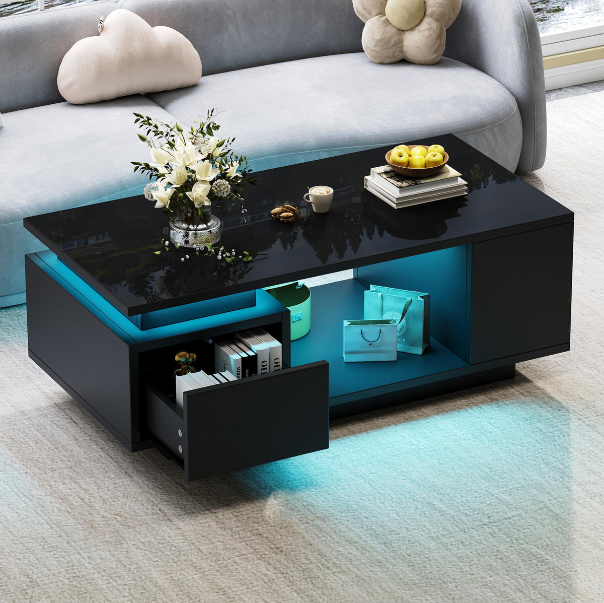 COUCHTISCH 100/50/36 cm schwarz aus Spanplatte mit LED-Beleuchtung - Schwarz, Holzwerkstoff (100/50/36cm) - OKMYHOME
