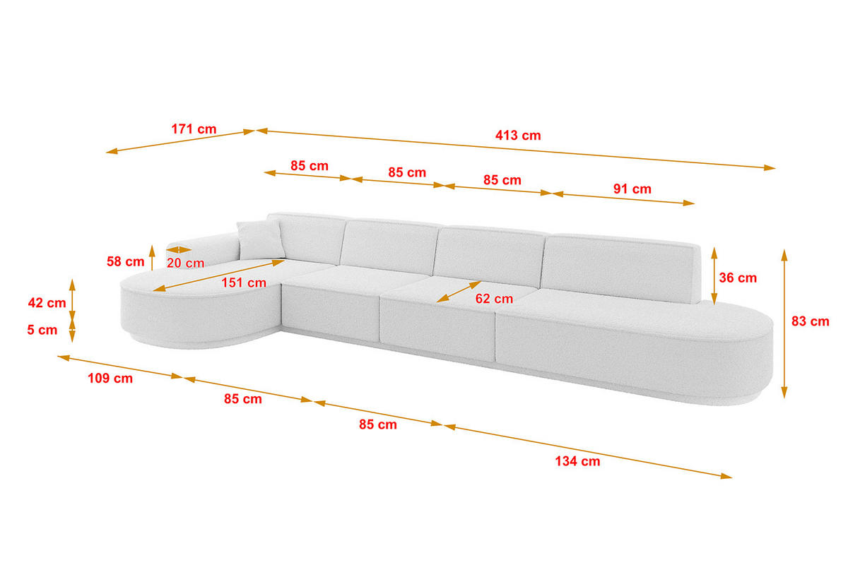 ECKSOFA Ottomane Links MARI-L3-v3 - 413x171x83 cm Weiß Bouclé - Schwarz/Weiß, Holzwerkstoff/Kunststoff (413/171cm) - ALTDECOR