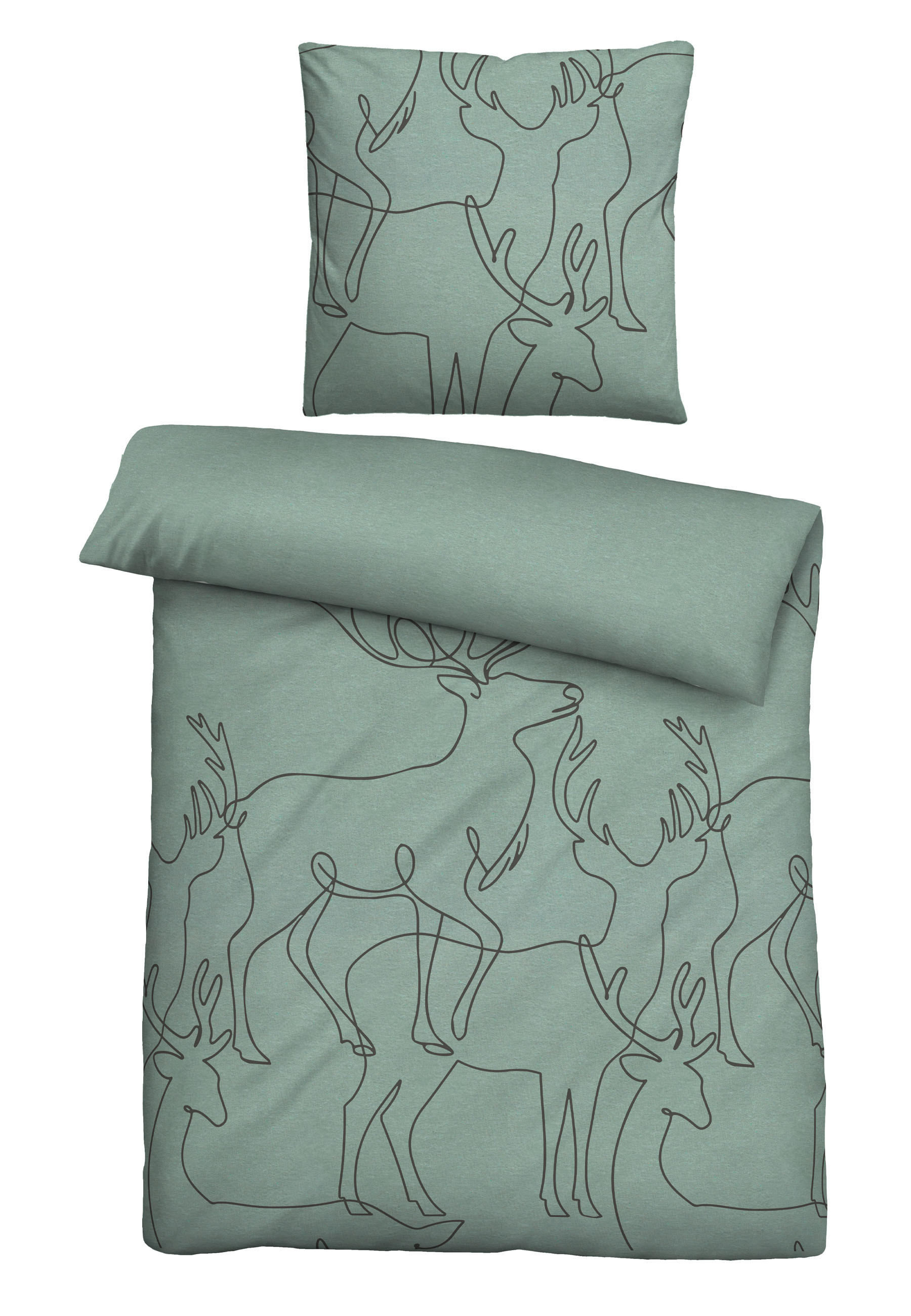 BETTWÄSCHE-GARNITUR Melange Hirsch fichte, 135x200 cm + 80x80 cm - Dunkelgrün, Textil (135/200cm) - biberna