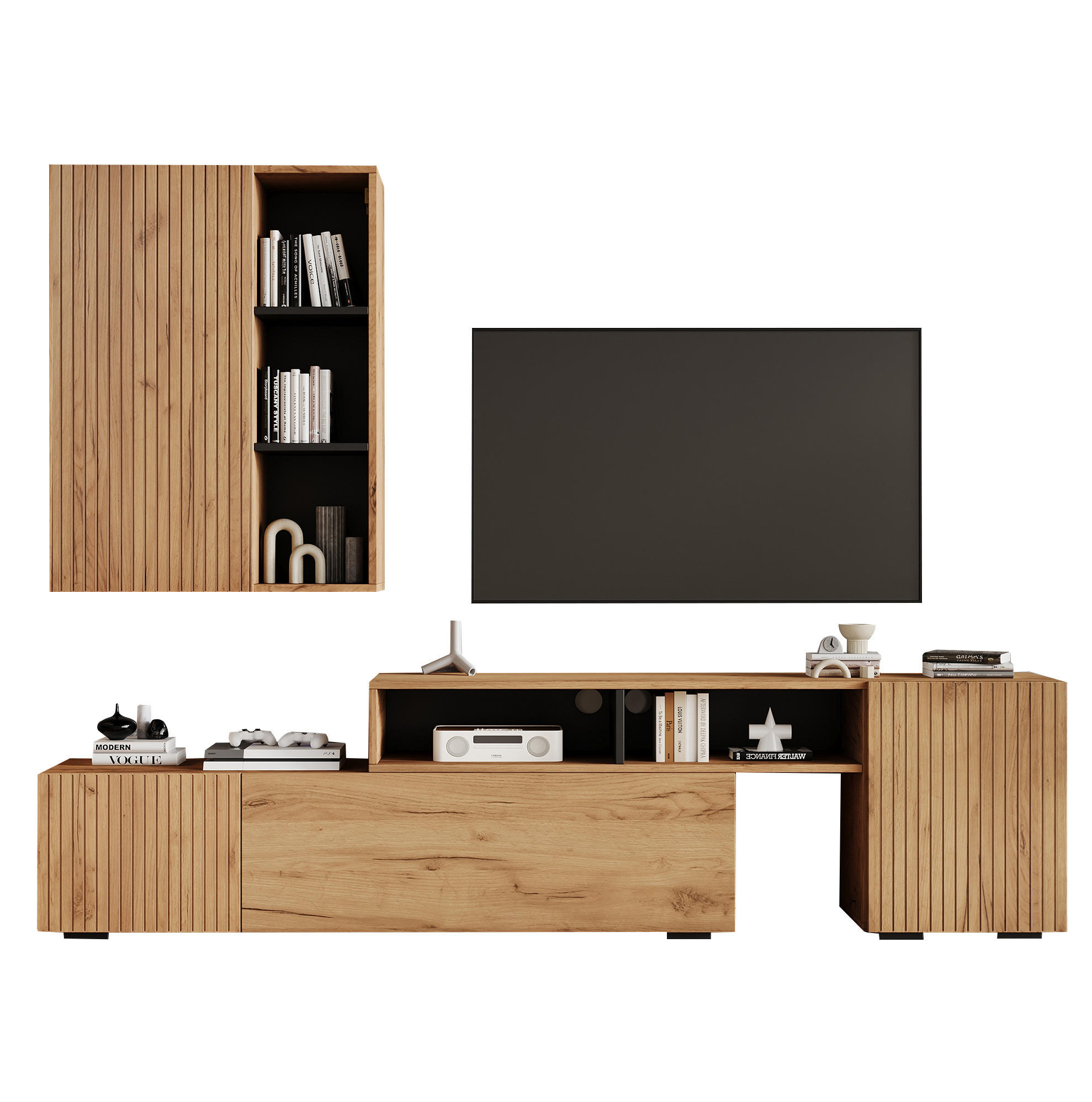 TV-MÖBEL-SET aus Spanplatte 135x35x53 cm Eiche/Schwarz mit verstellbarem TV-Lowboard und Wandschrank - Eichefarben, Holzwerkstoff (135/53.5/35cm) - IVMEU