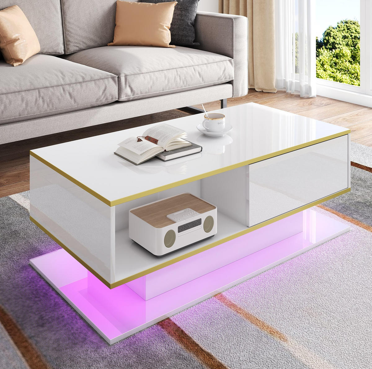 COUCHTISCH 100/50/40 cm in Weiß/Gold mit 3 Schubladen und LED-Beleuchtung - Weiß, Holzwerkstoff (100/50/40cm) - Flora Grace