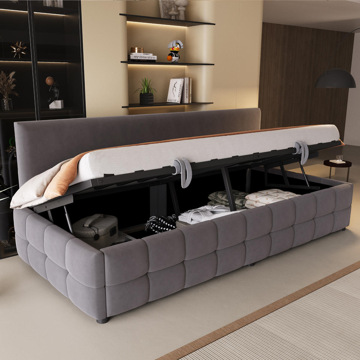 POLSTERBETT 90/200 cm Dunkelgrau mit hydraulischem Stauraum - Grau, Textil (90/200cm) - OKWISH