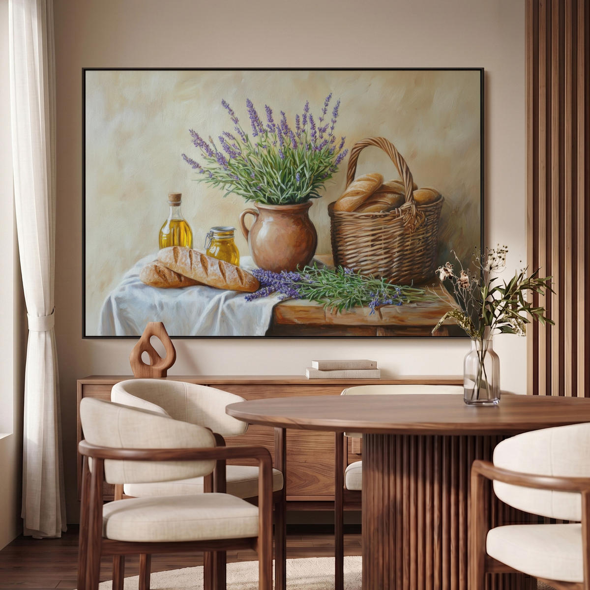 LEINWAND Bilder mit Rahmen - Lavendel - Brot - Stilleben - 120x80 - Flieder, Textil (120/80cm) - MuchoWow
