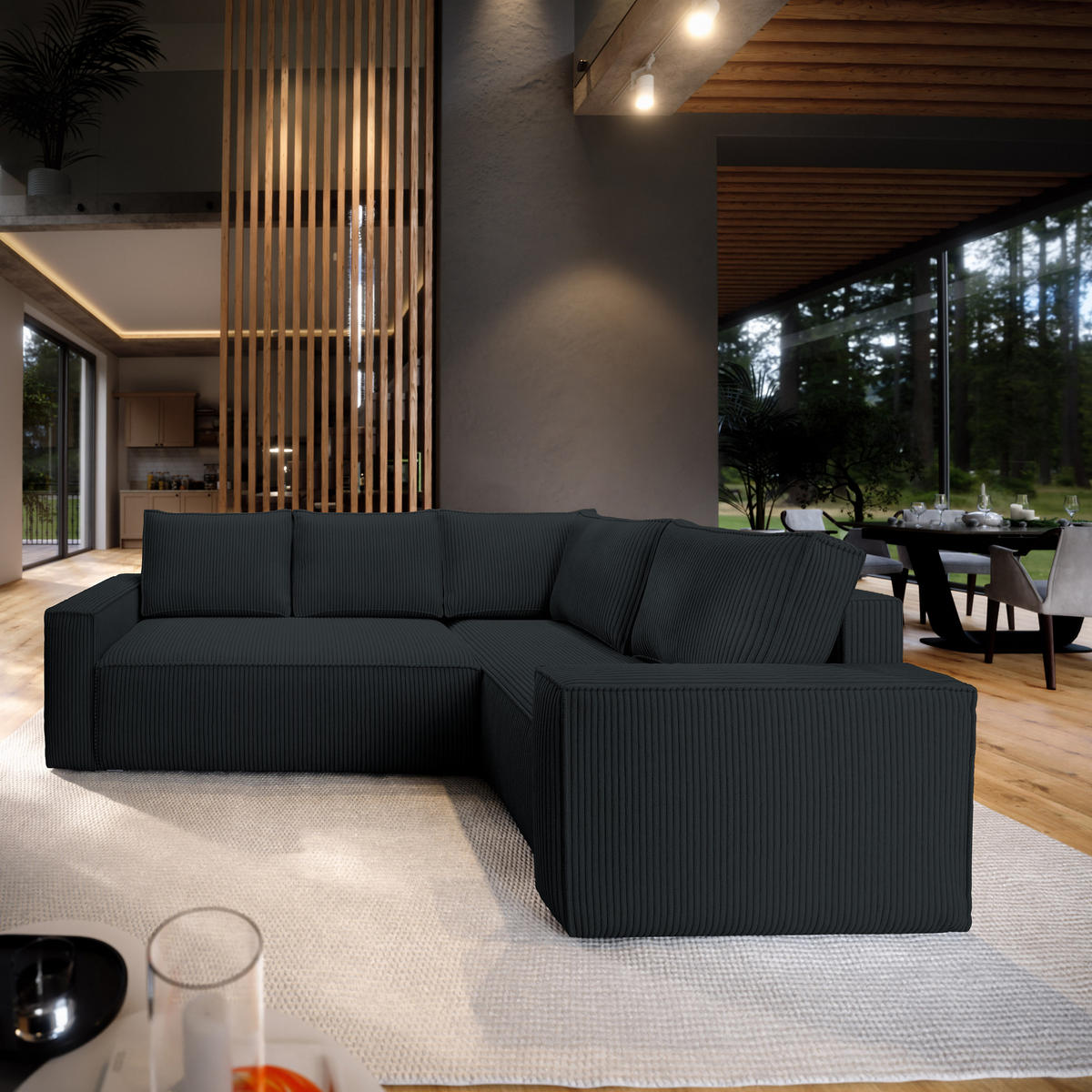 ECKSOFA ESTANO R-S Schwarz Kordstoff mit Schlaffunktion - Schwarz, Holz (230/158cm) - MASSENO