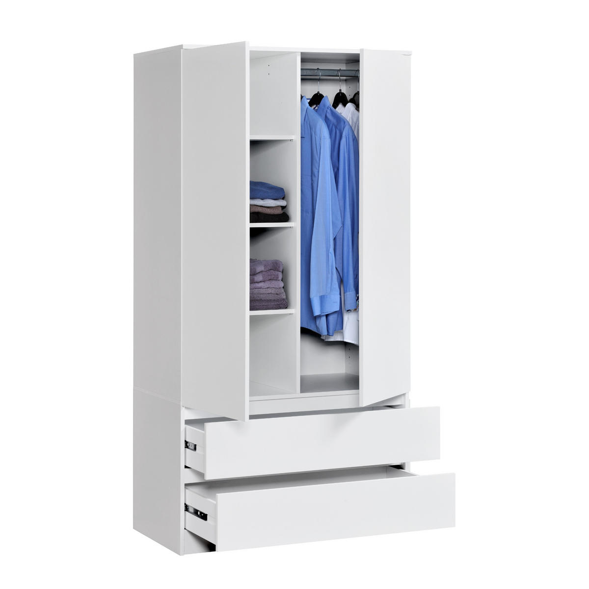 GARDEROBE mit 2 Türen, 3 Einlegeböden und 2 Schubkästen in weiß - Weiß, Holzwerkstoff (90/182/51cm) - Home Collective