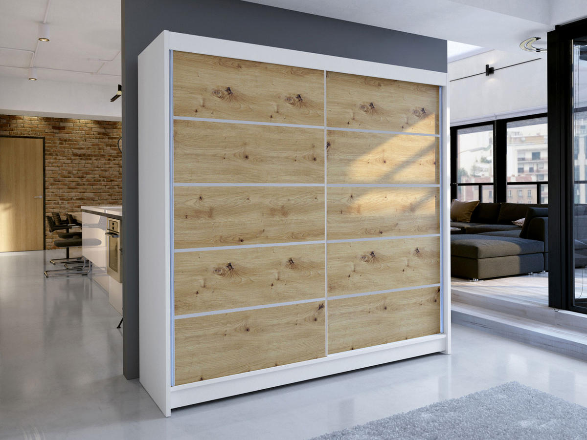 SCHWEBETÜRENSCHRANK Talin IV - Silberfarben/Eiche Artisan, Holzwerkstoff/Metall (180/215/58cm) - MIRJAN24