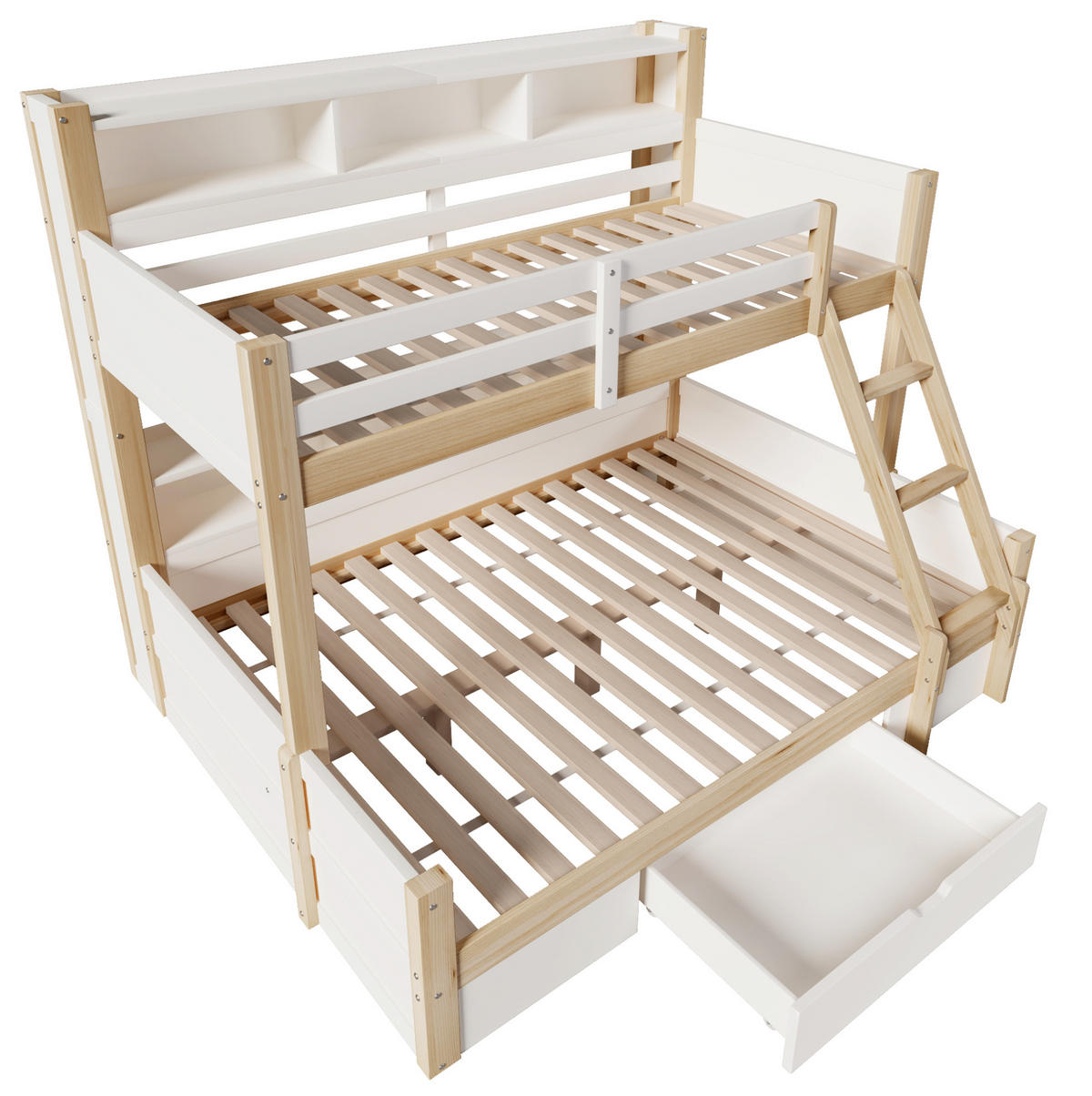 ETAGENBETT 90/200 + 140/200 cm mit LED-Beleuchtung und Stauraum in Weiß/Natur - Weiß, Holz - BEAOK