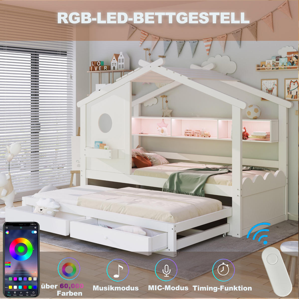 KINDERBETT 90x200 cm Rollbett LED weiß - Weiß, Holz (90/200cm) - LEBENLANG