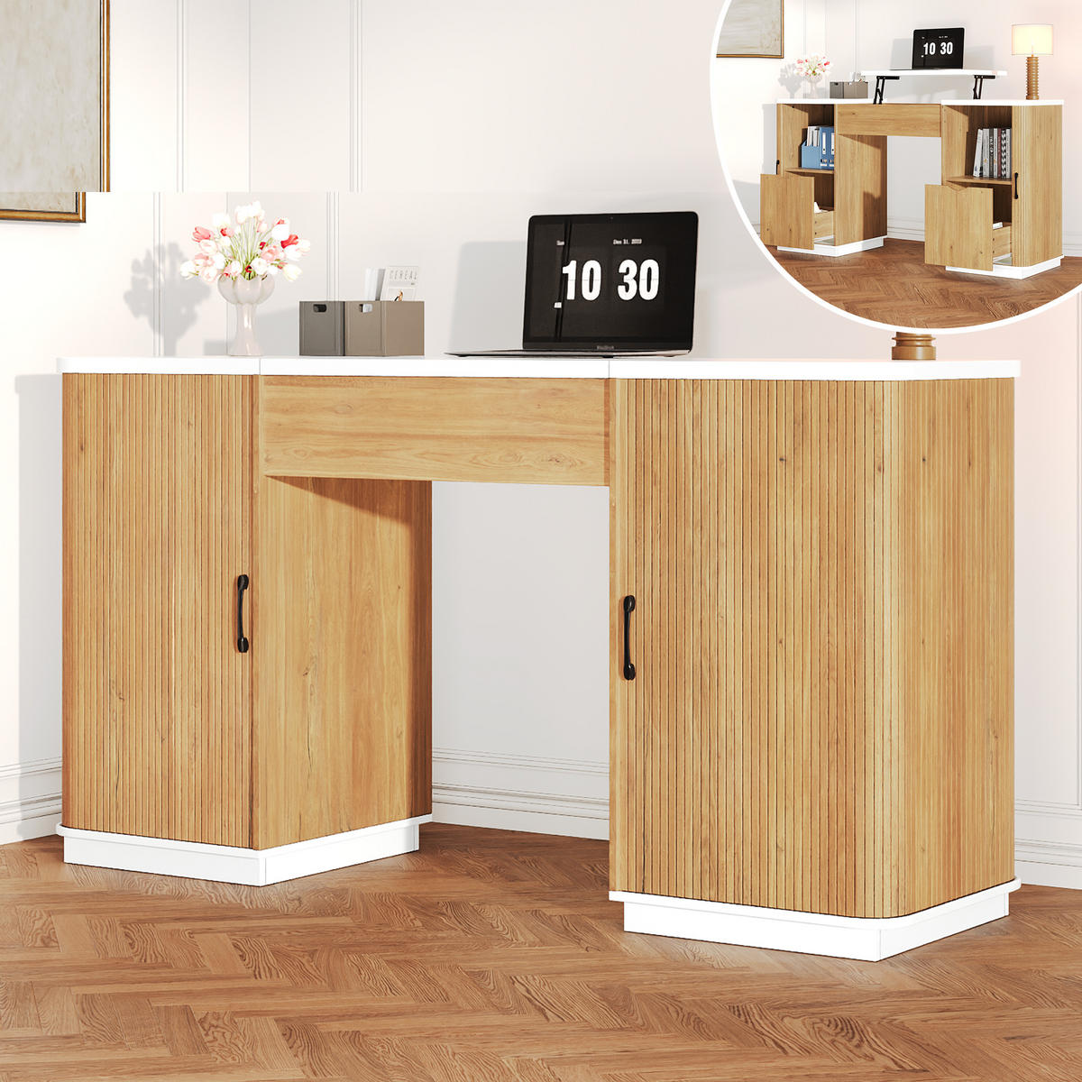 SCHREIBTISCH 140x50cm Höhenverstellbar Stauraum Weiß Eiche - Eiche Bianco, Holzwerkstoff (50/140/92cm) - FLIEKS